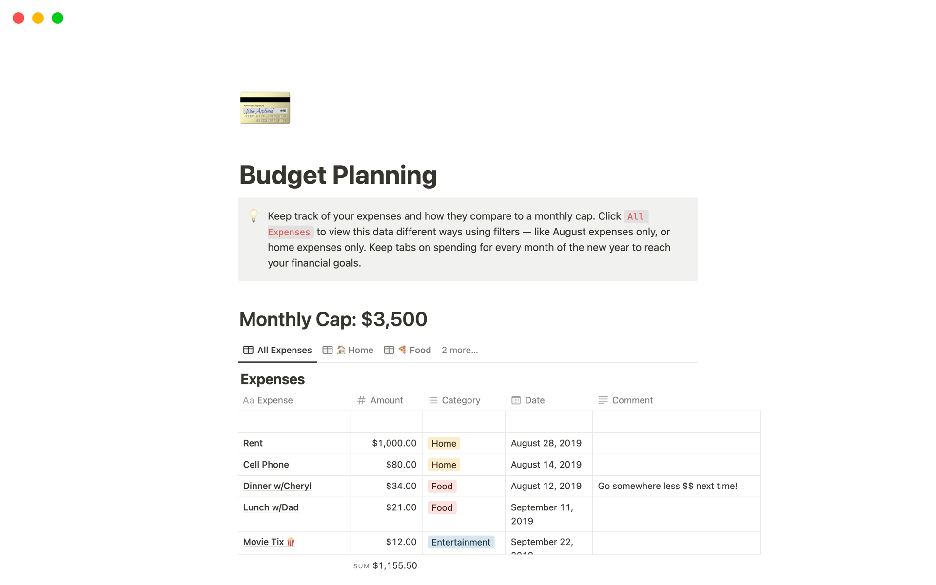 Vista previa de plantilla para Budget Planning