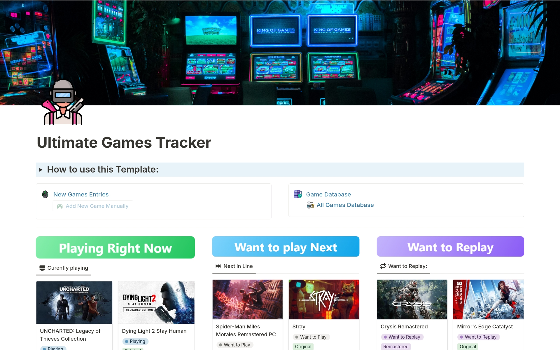 En förhandsgranskning av mallen för Ultimate Games Tracker