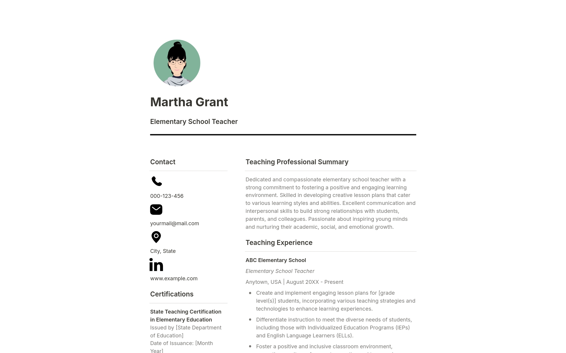 A template preview for Sleek Teacher Resume + Cover Letter + References