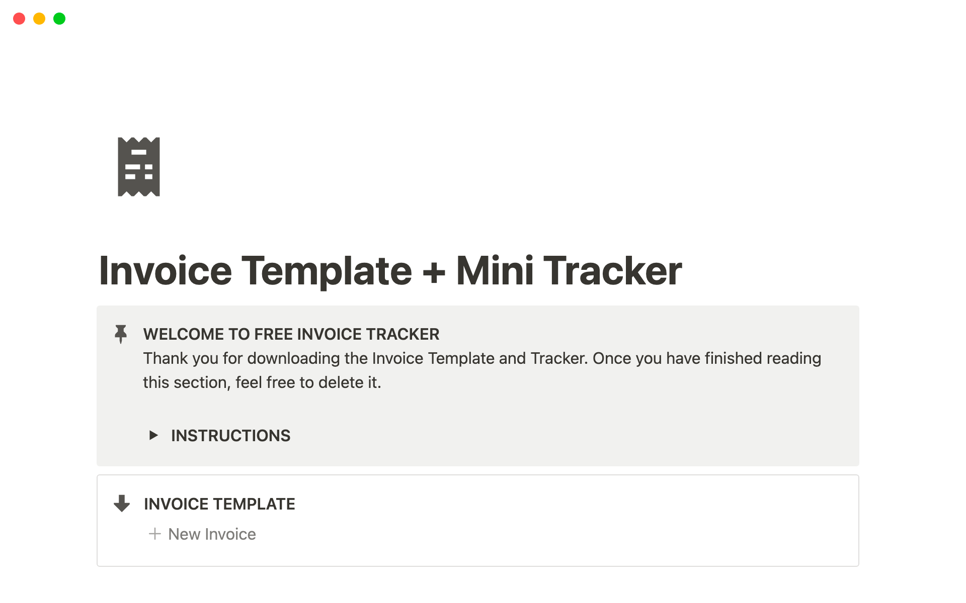 A template preview for Simple Notion Invoice Template and Mini Tracker