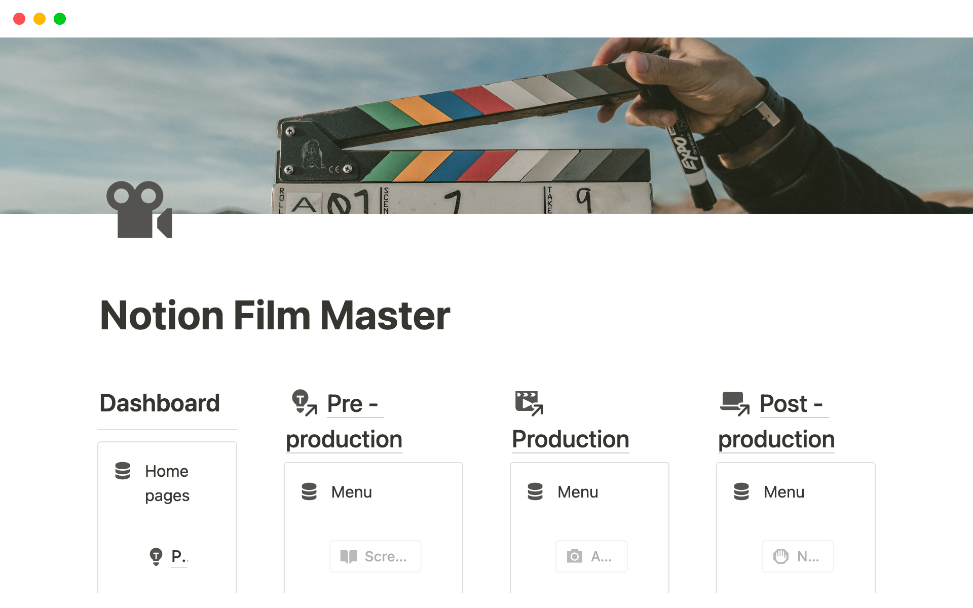 A template preview for Notion Film Master