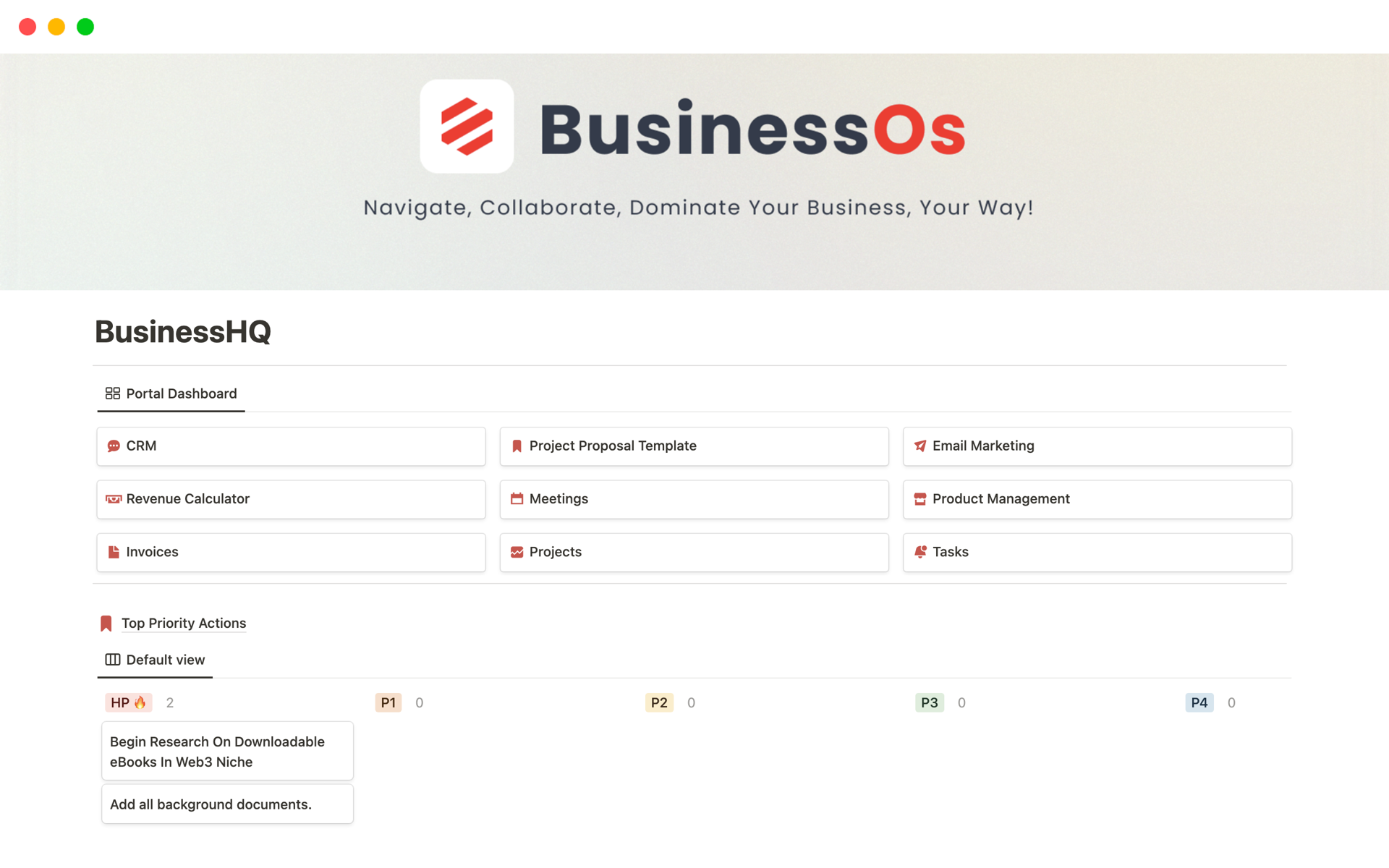 A template preview for Business Management Hub