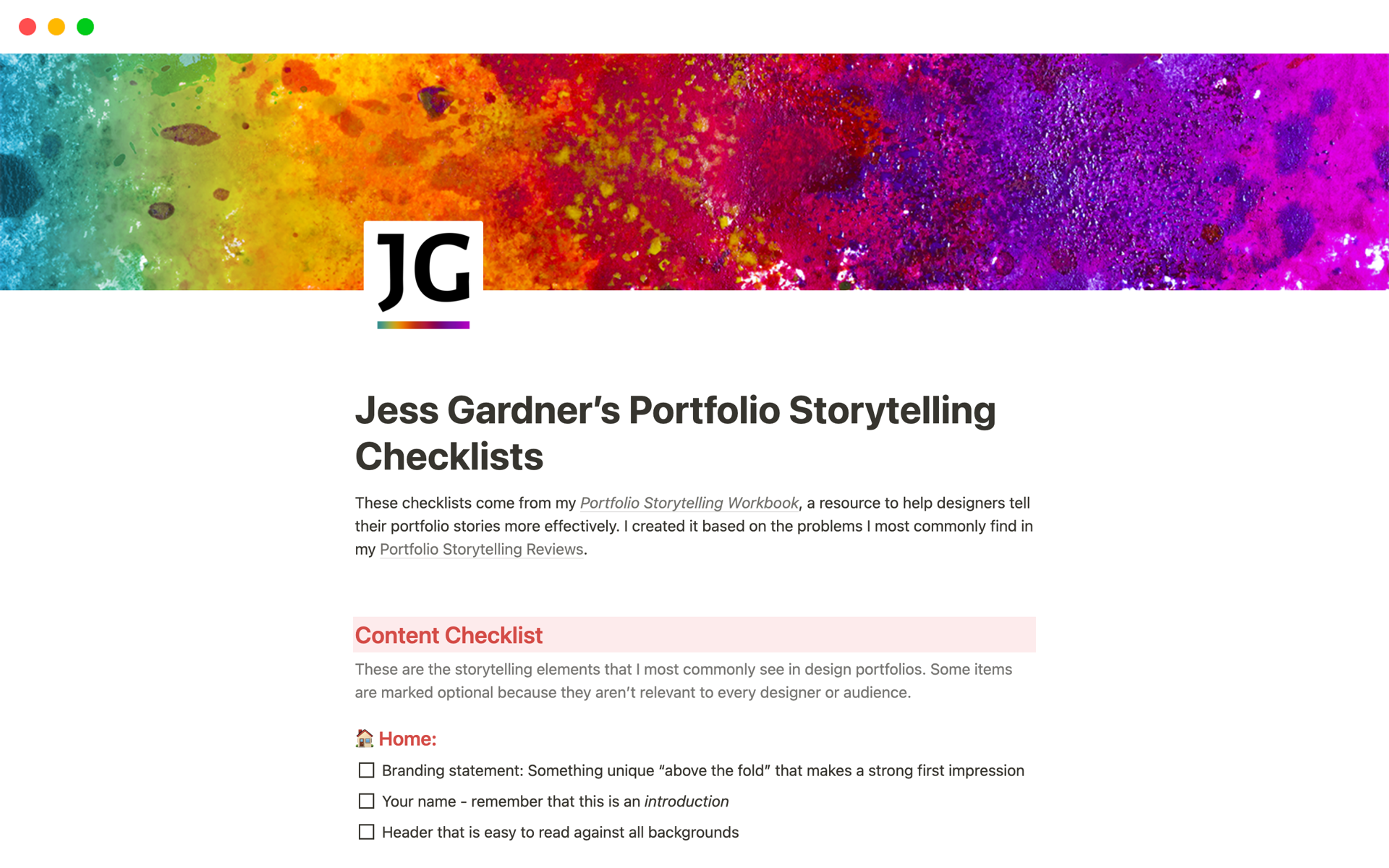 A template preview for Jess Gardner's Portfolio Storytelling Checklists