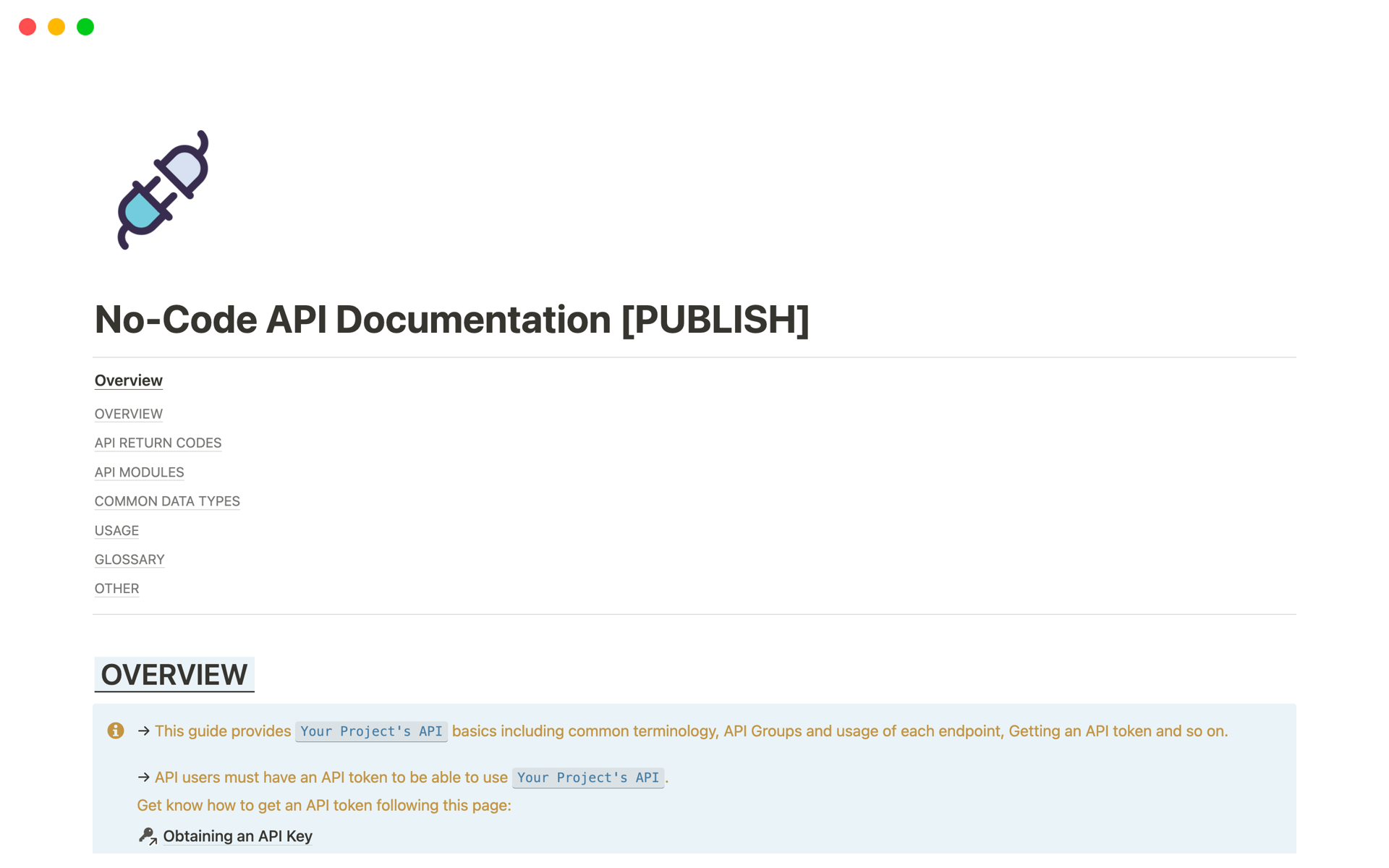 A template preview for No-Code API Documentation [PUBLISH]