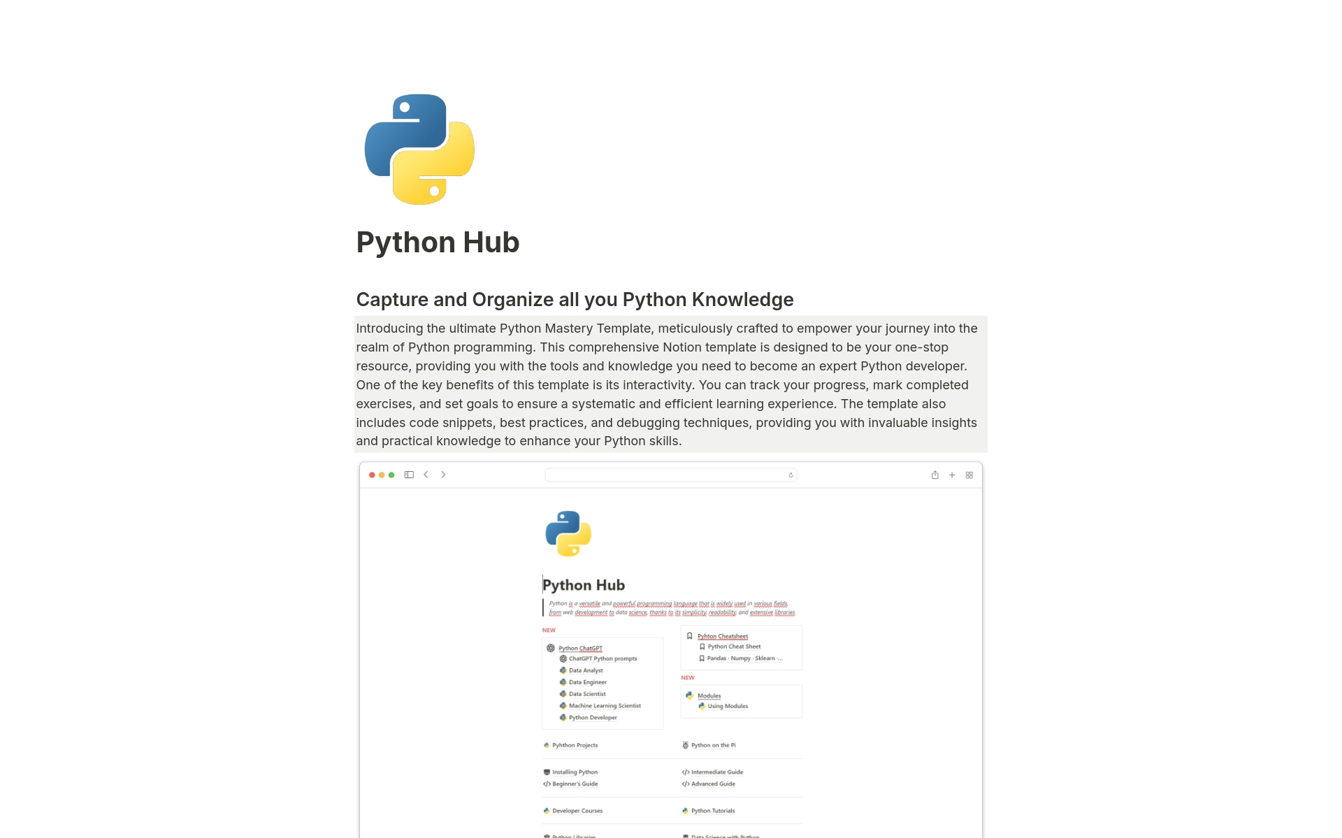 Vista previa de una plantilla para Python Hub