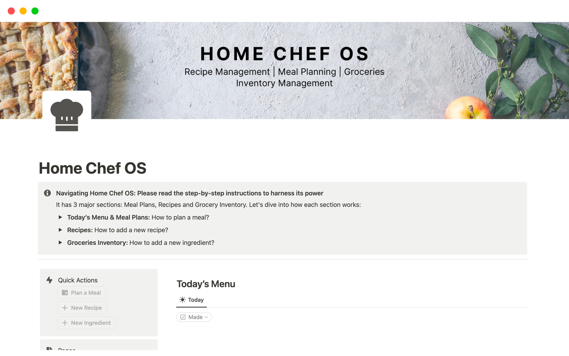 Eine Vorlagenvorschau für Home Chef OS