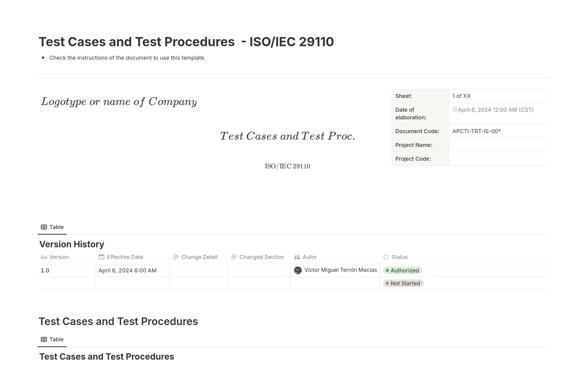Vista previa de una plantilla para Test Cases and Test Procedures