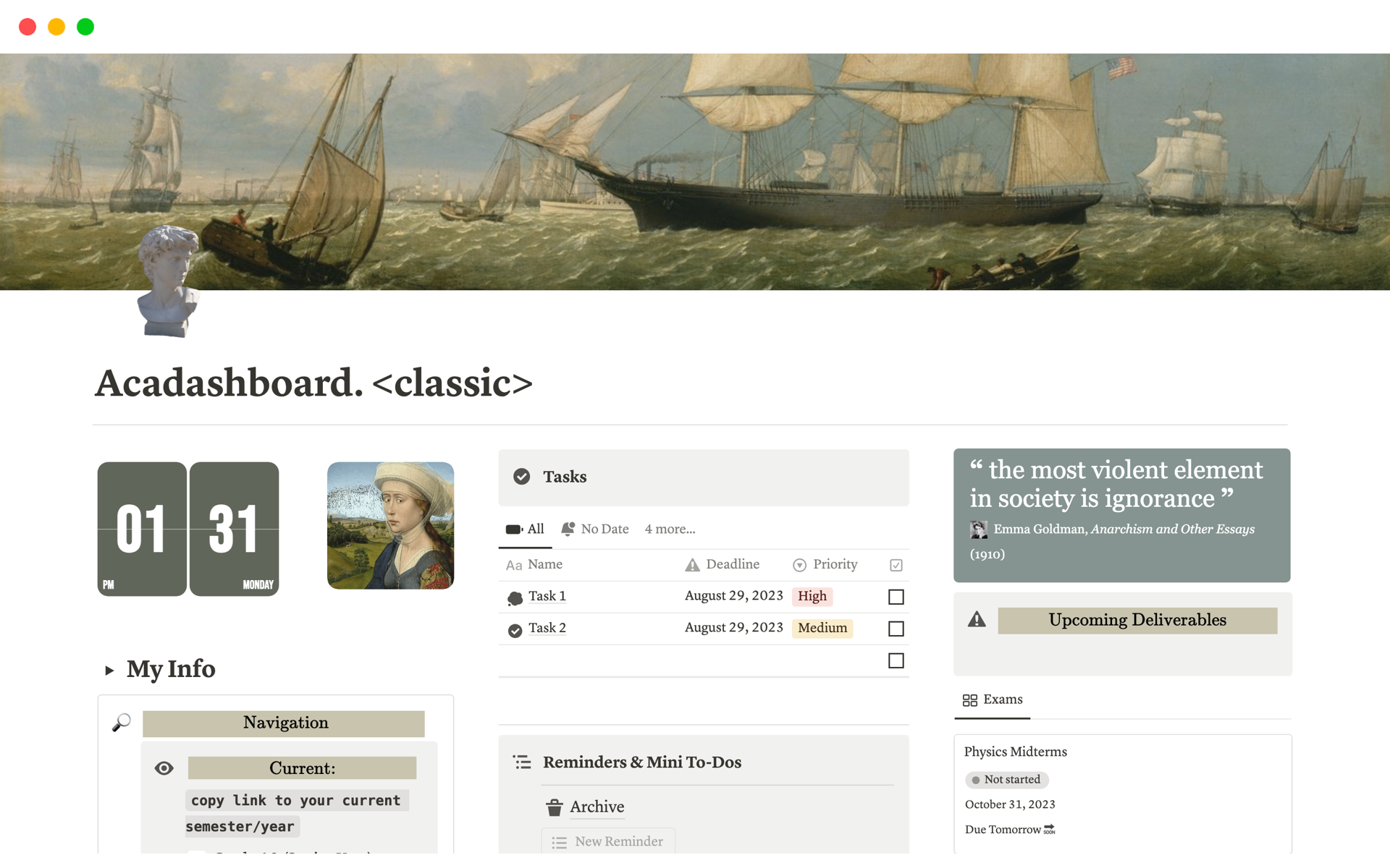 A template preview for Classic Theme Acadashboard: Student OS
