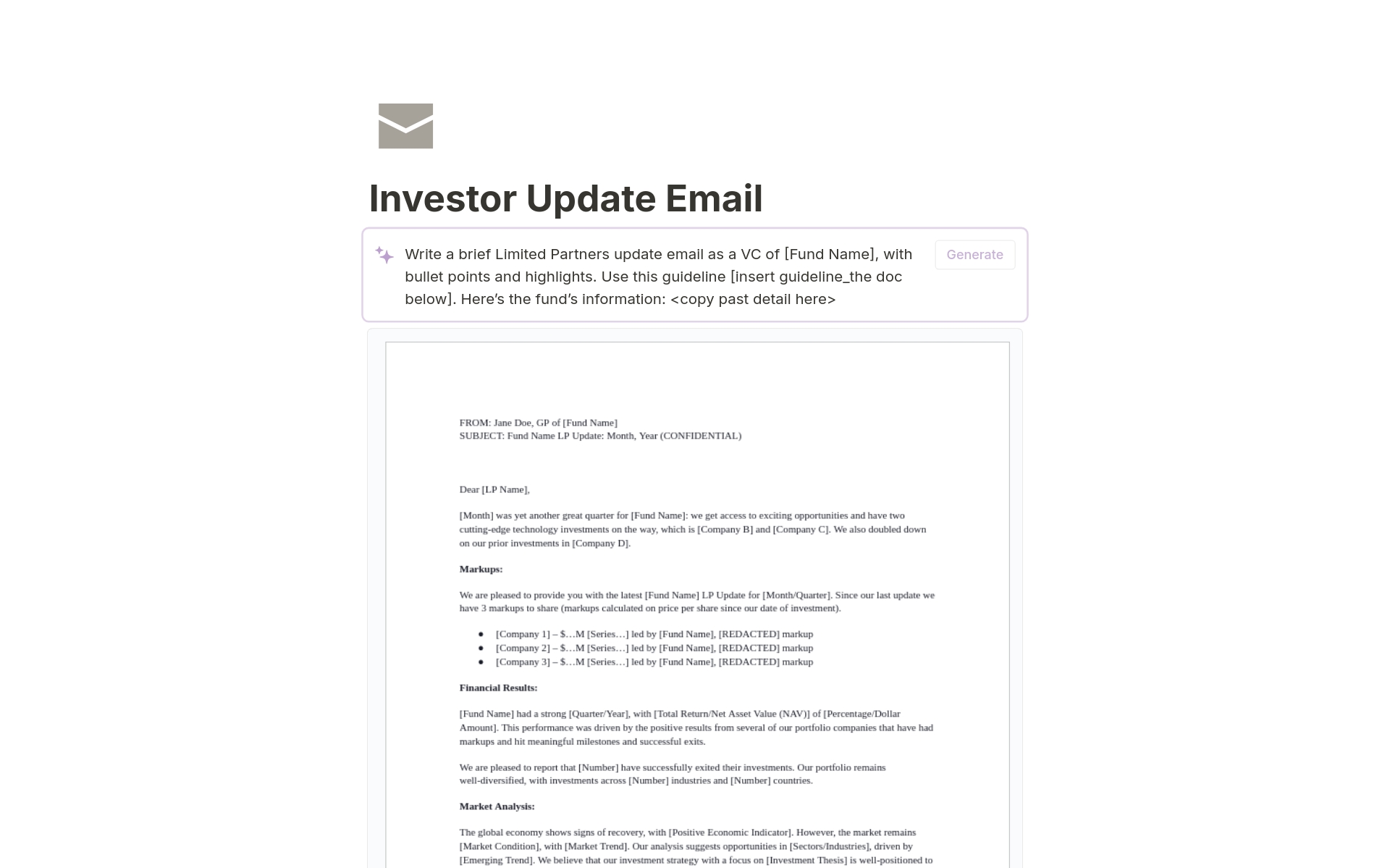 An FREE investors update Notion for a small- to medium-sized investment firm with available templates, spreadsheet and AI generator.