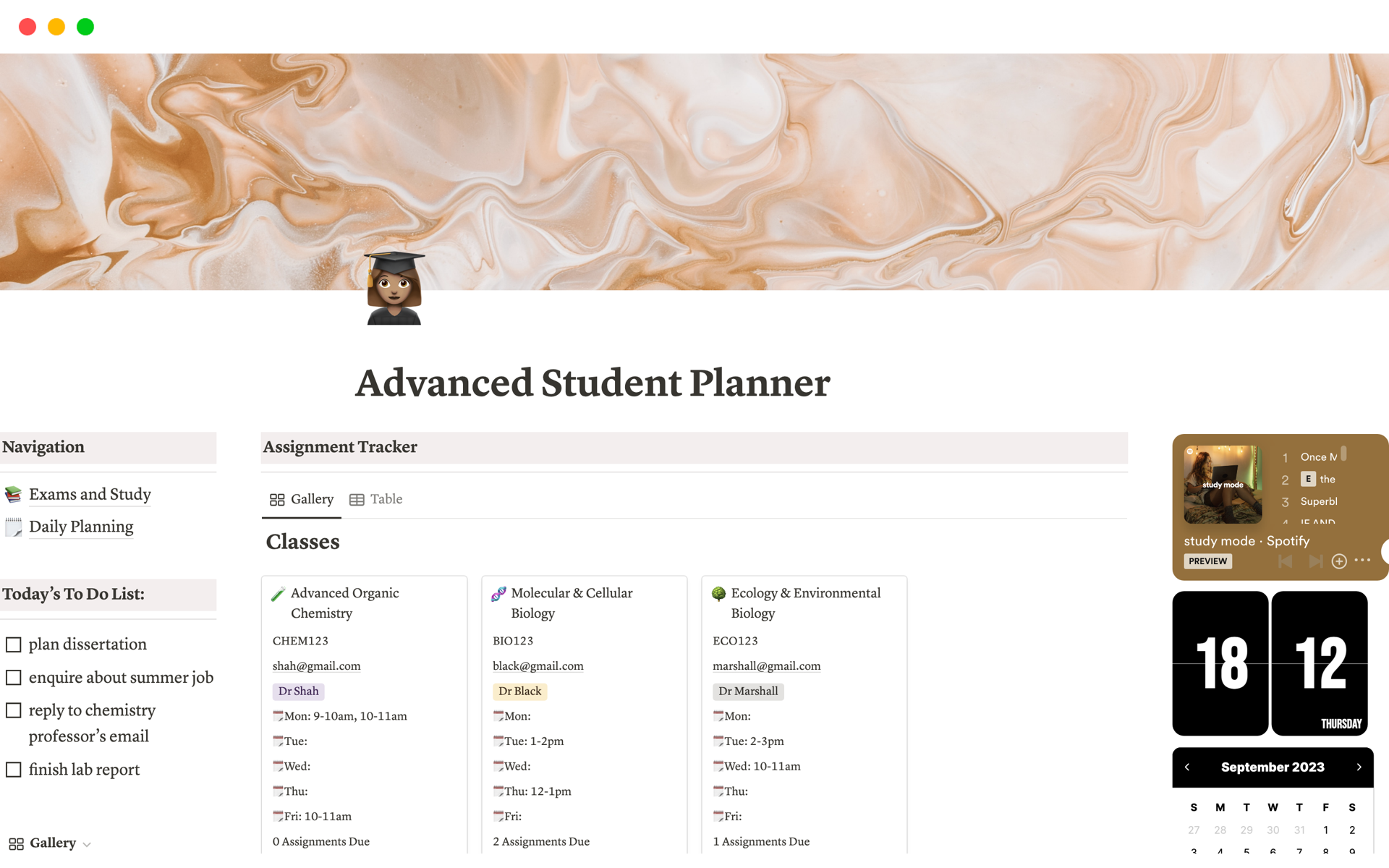 Eine Vorlagenvorschau für Advanced Student Planner