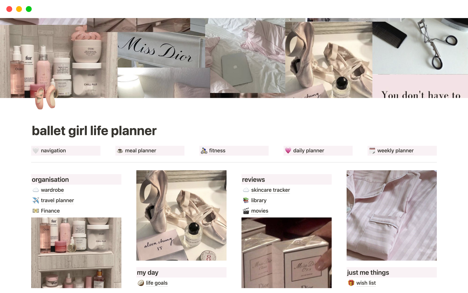 A template preview for ballet girl life planner