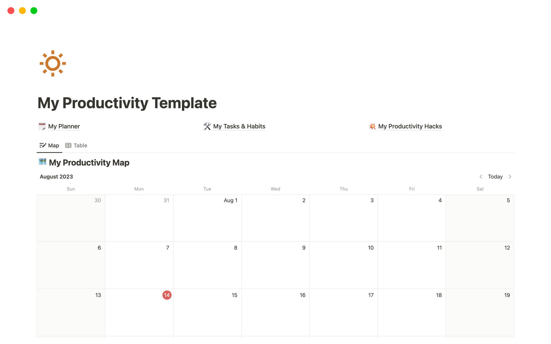 My Productivity Template のテンプレートのプレビュー