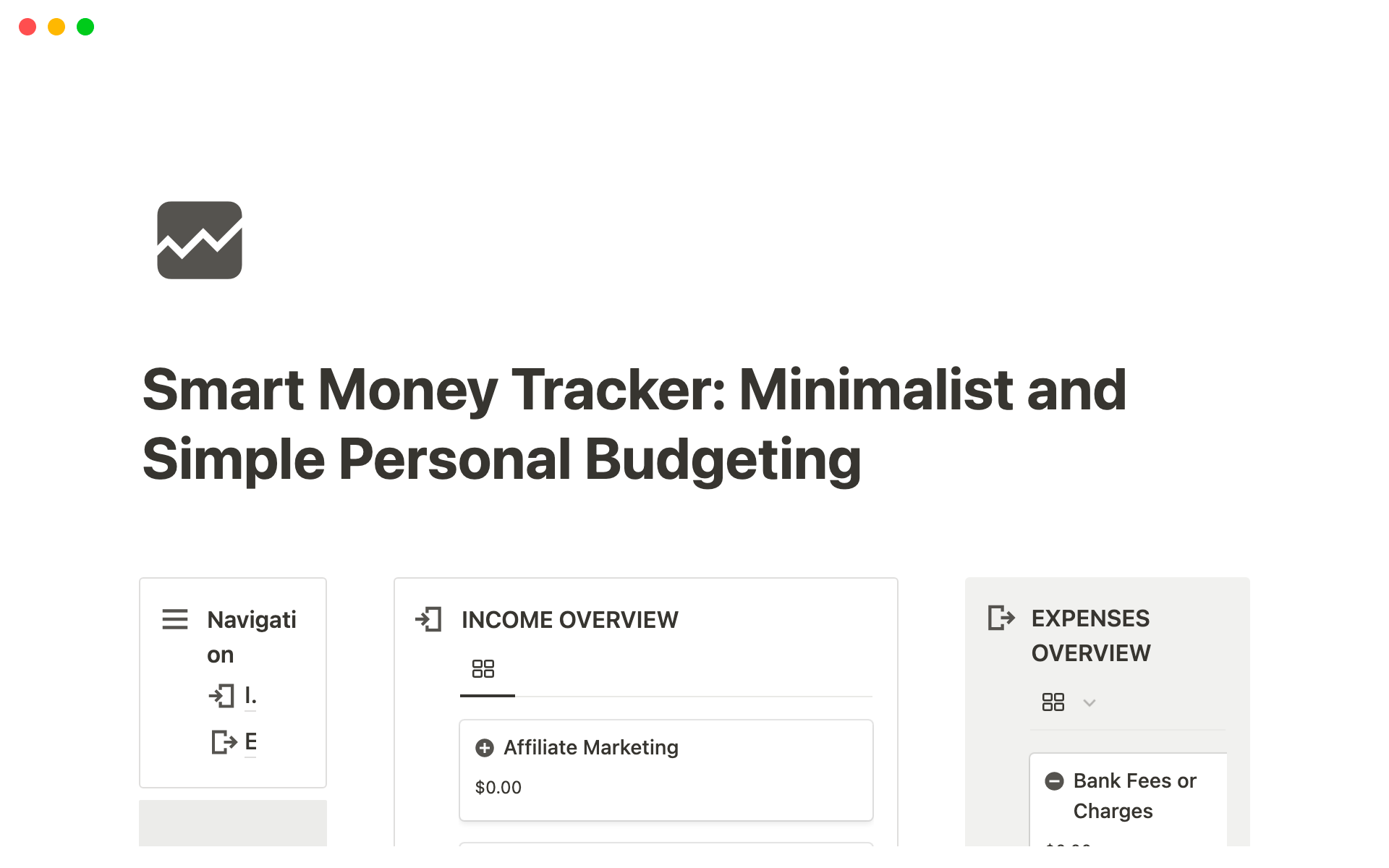 Uma prévia do modelo para Smart Money Tracker: Budget Tracker Template for Notion