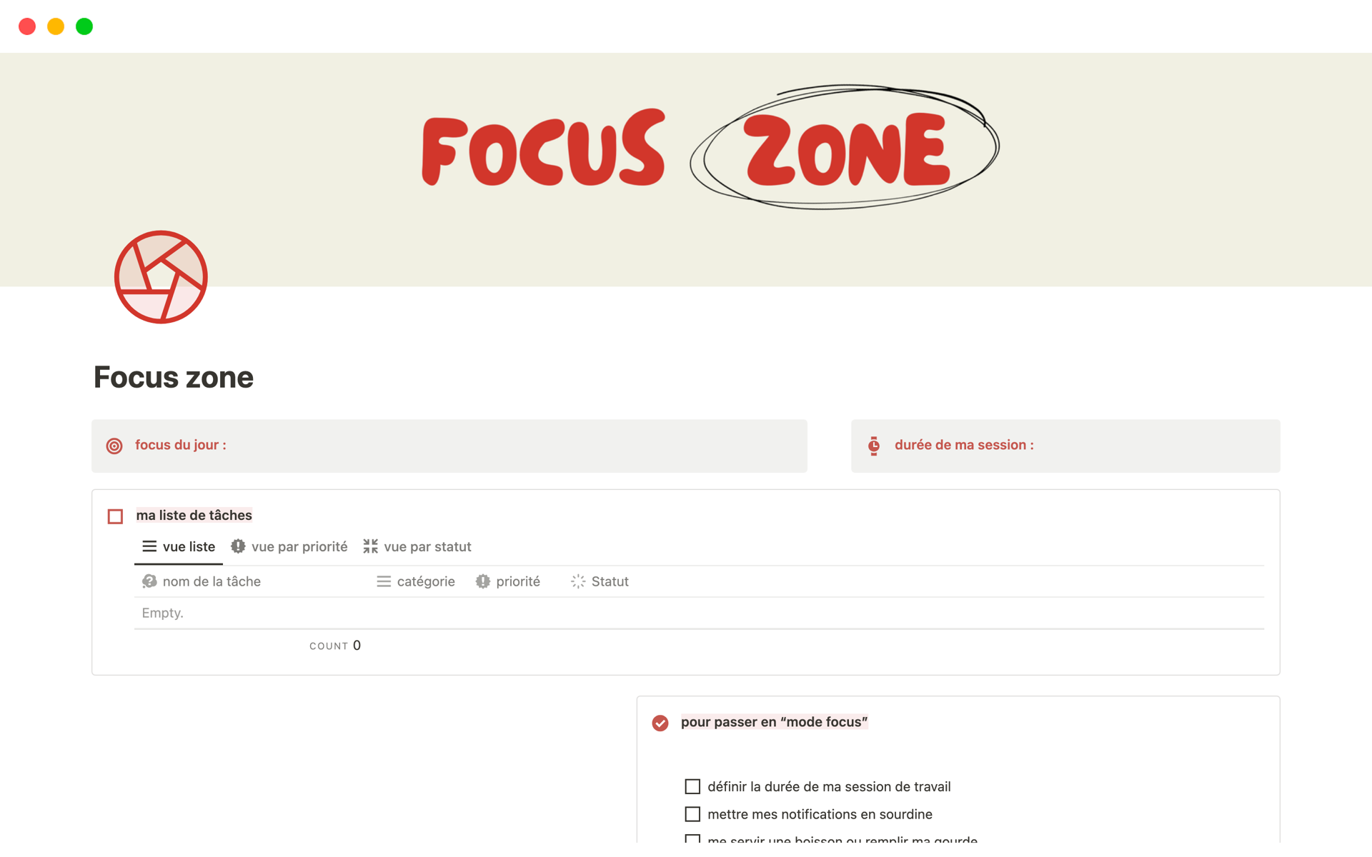 Aperçu du modèle de Focus zone