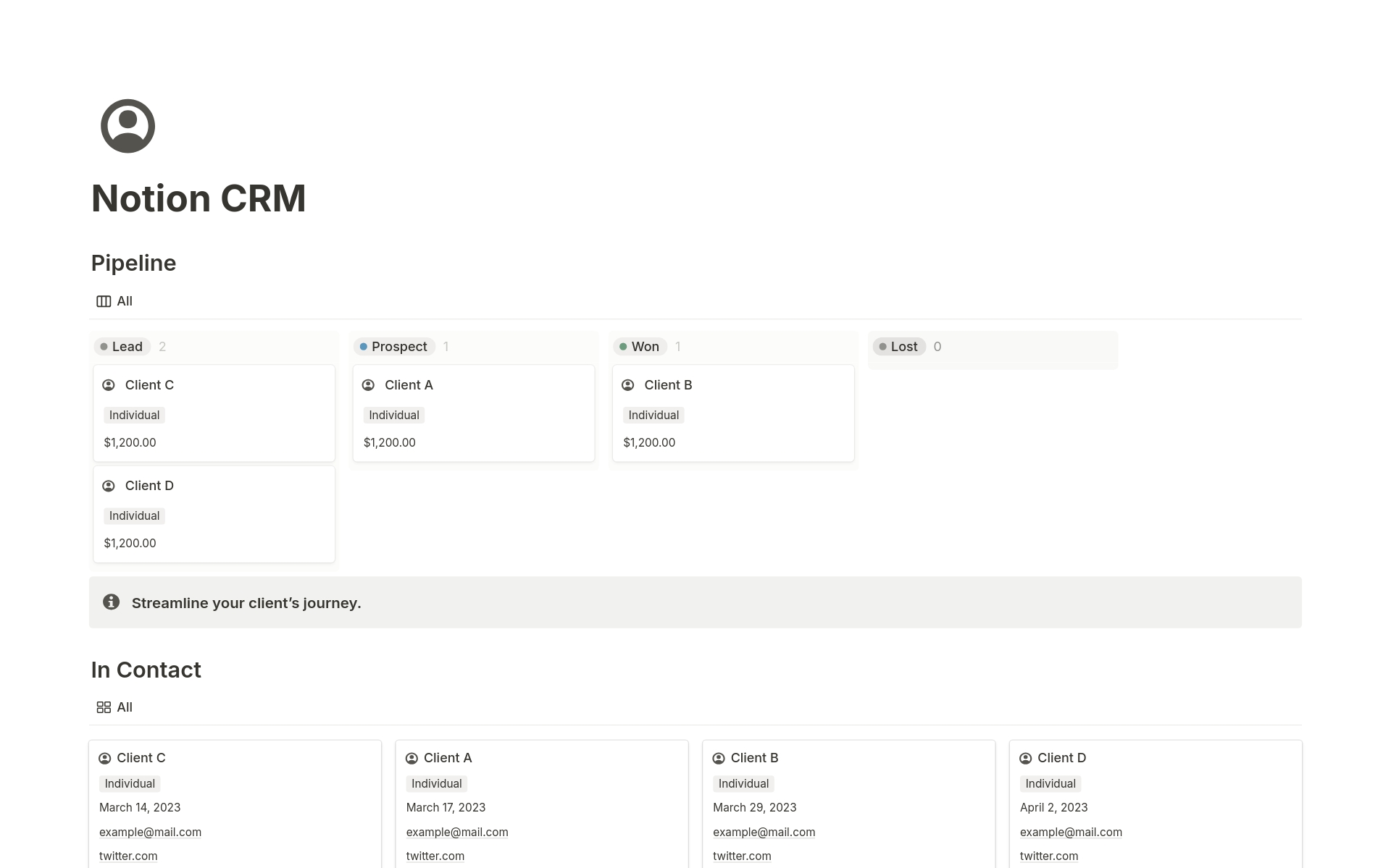 A template preview for Notion CRM