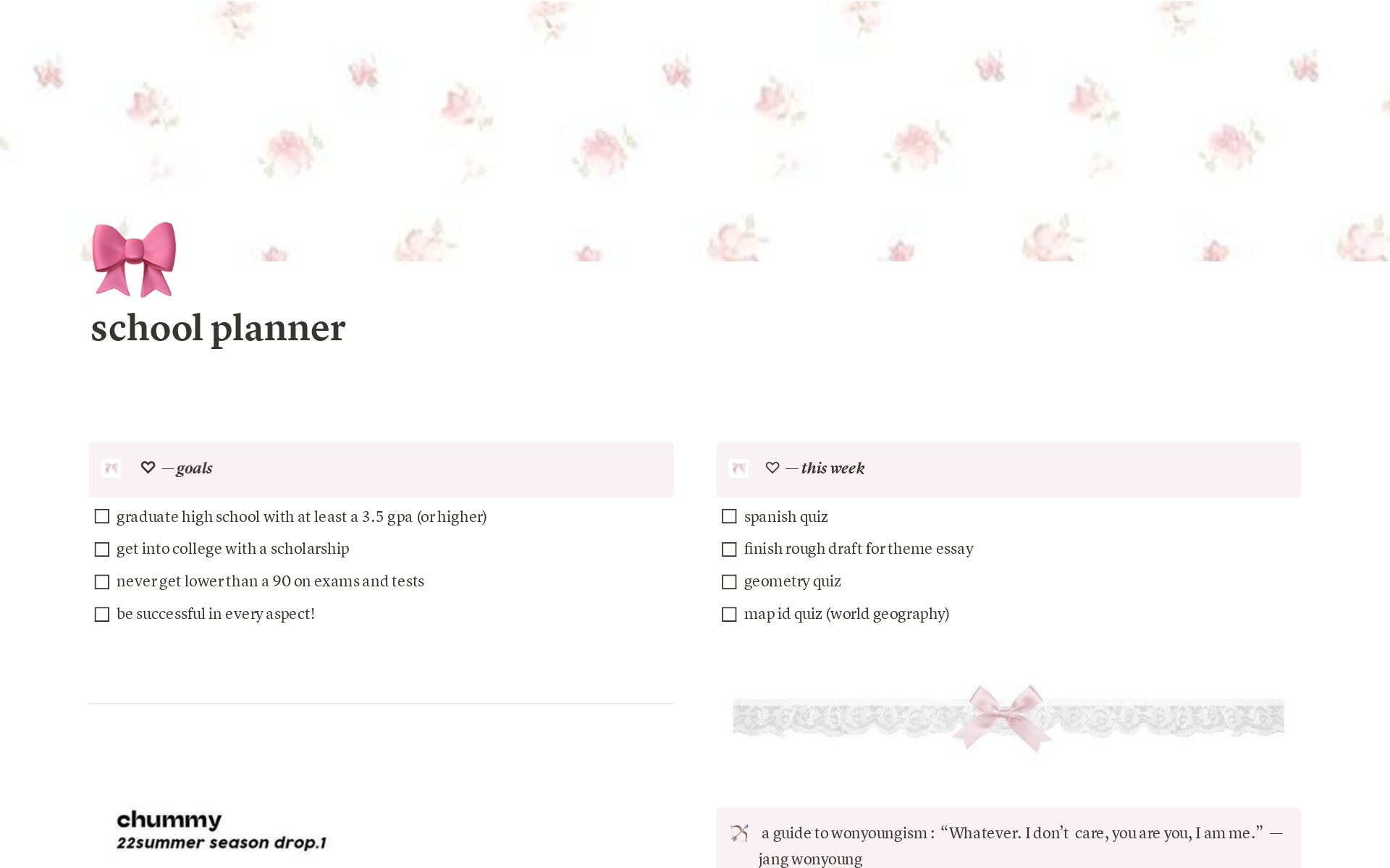 A template preview for pink coquette school planner