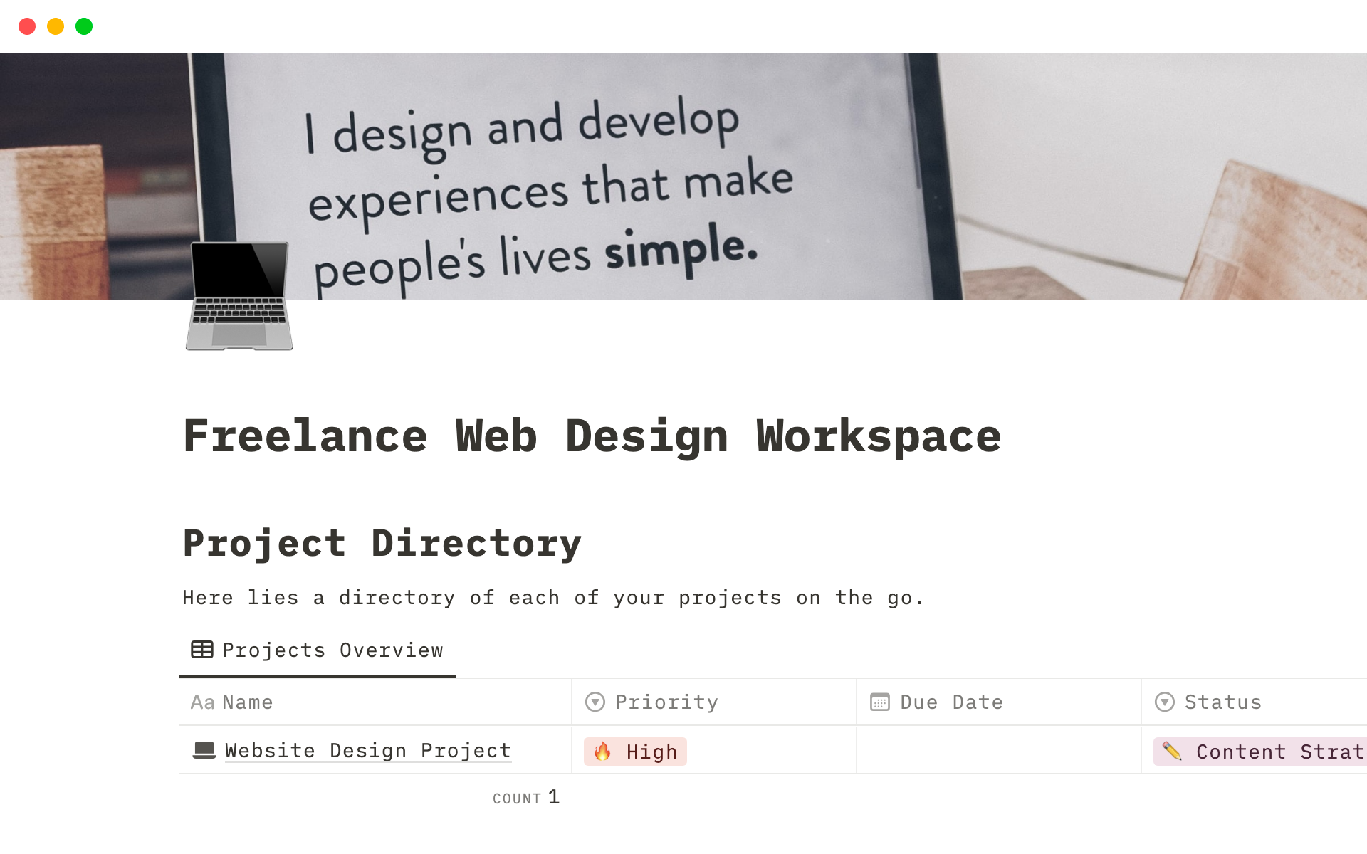 Uma prévia do modelo para Freelance Web Design Workspace