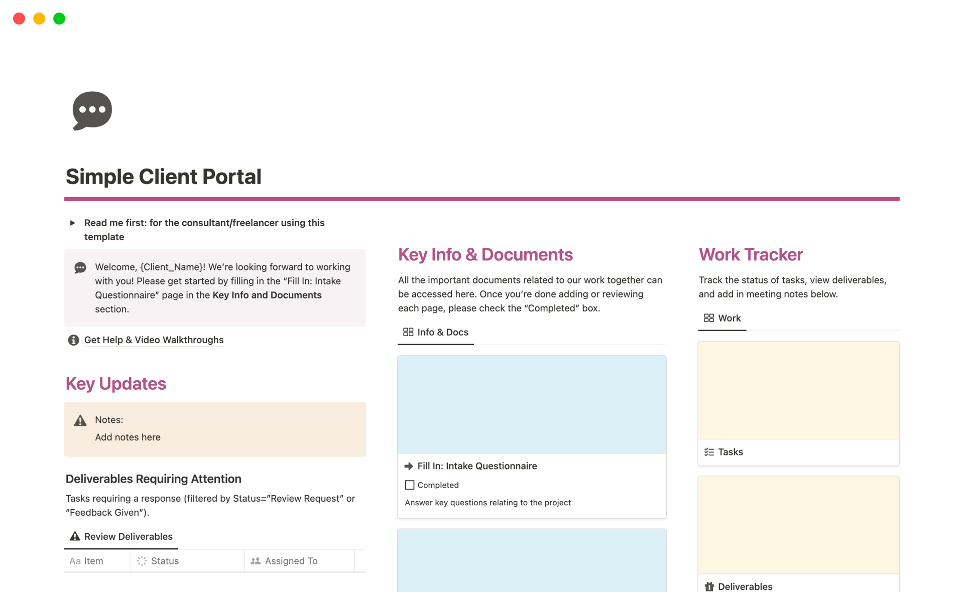 A template preview for Simple Client Portal