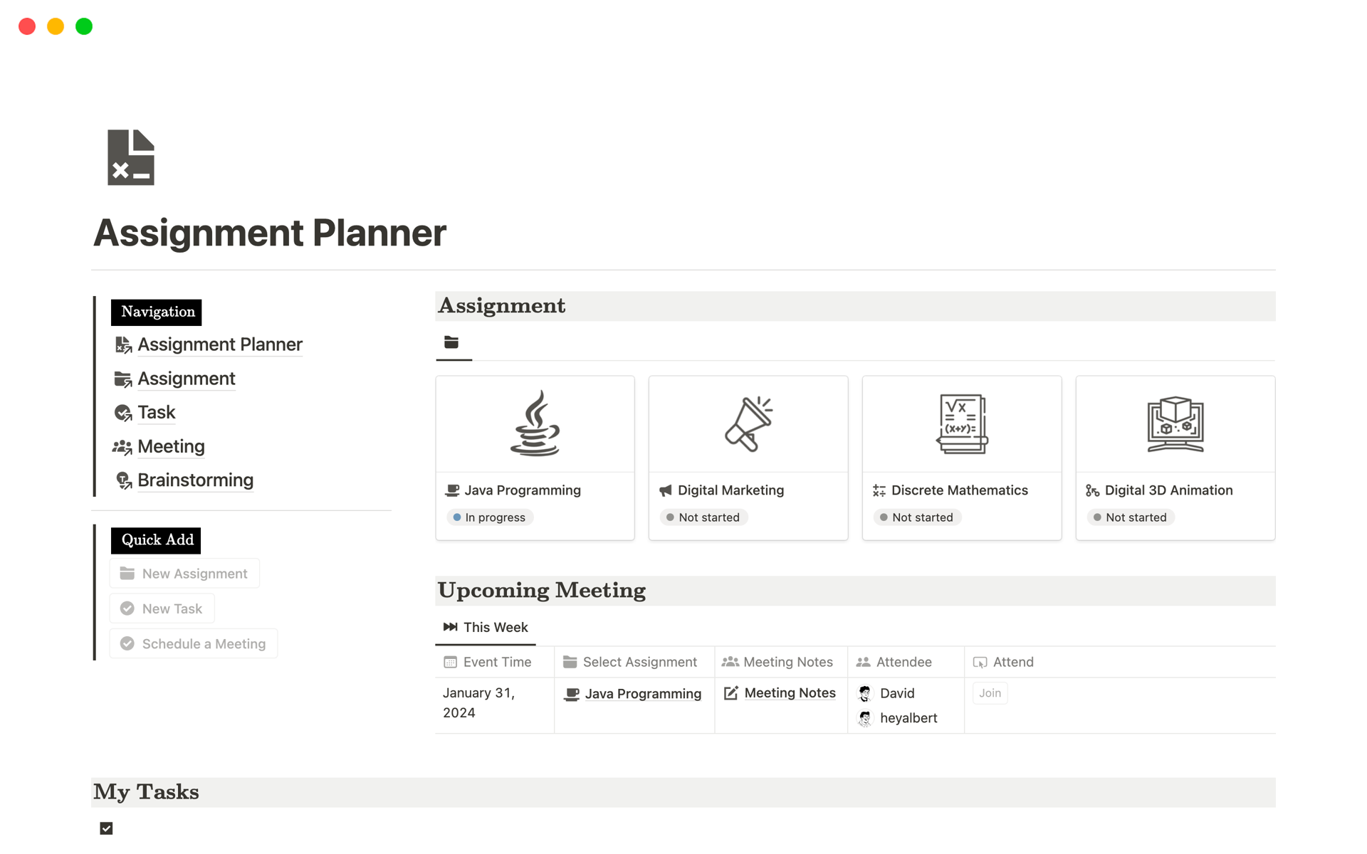 A template preview for Student Assignment Planner