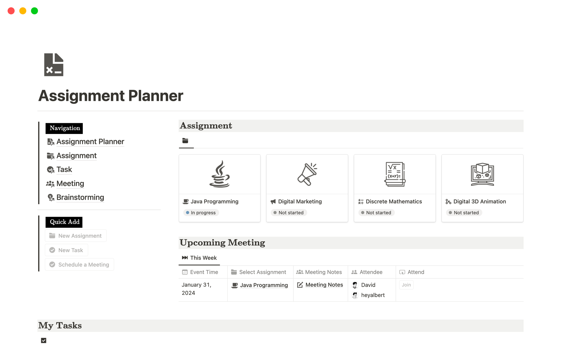 Eine Vorlagenvorschau für Student Assignment Planner