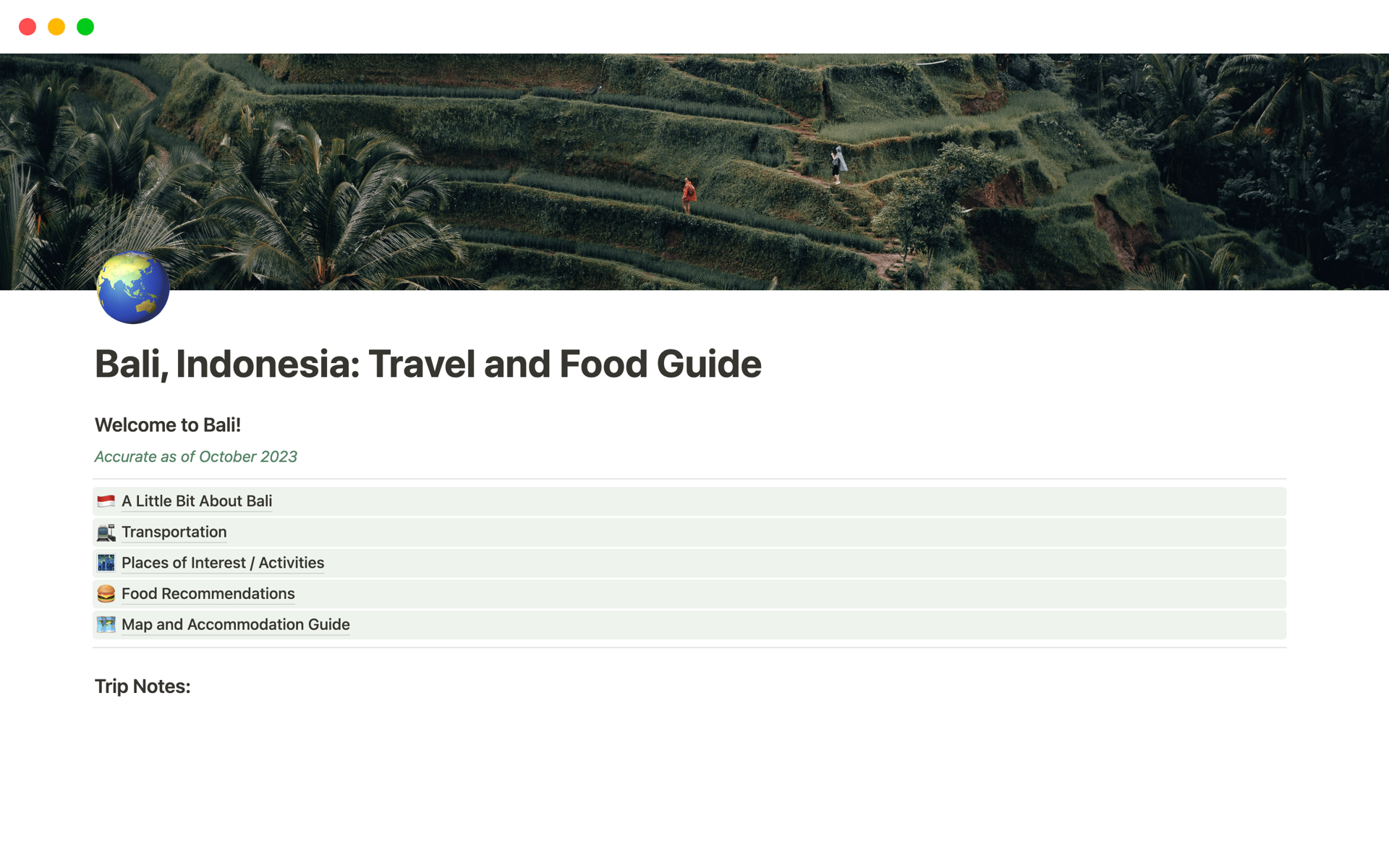 A template preview for Bali, Indonesia: Travel and Food Guide