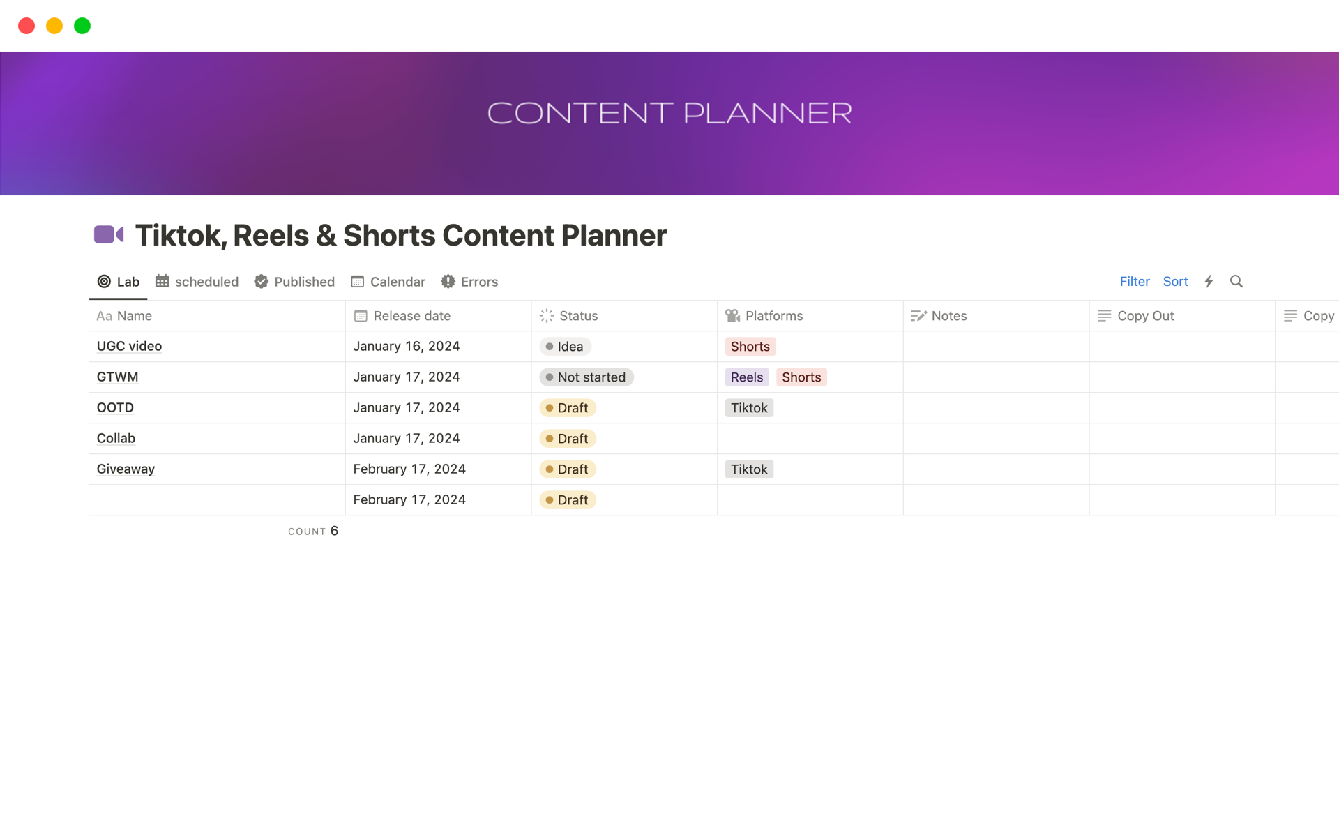 A template preview for TikTok, Reels & Shorts Content Planner