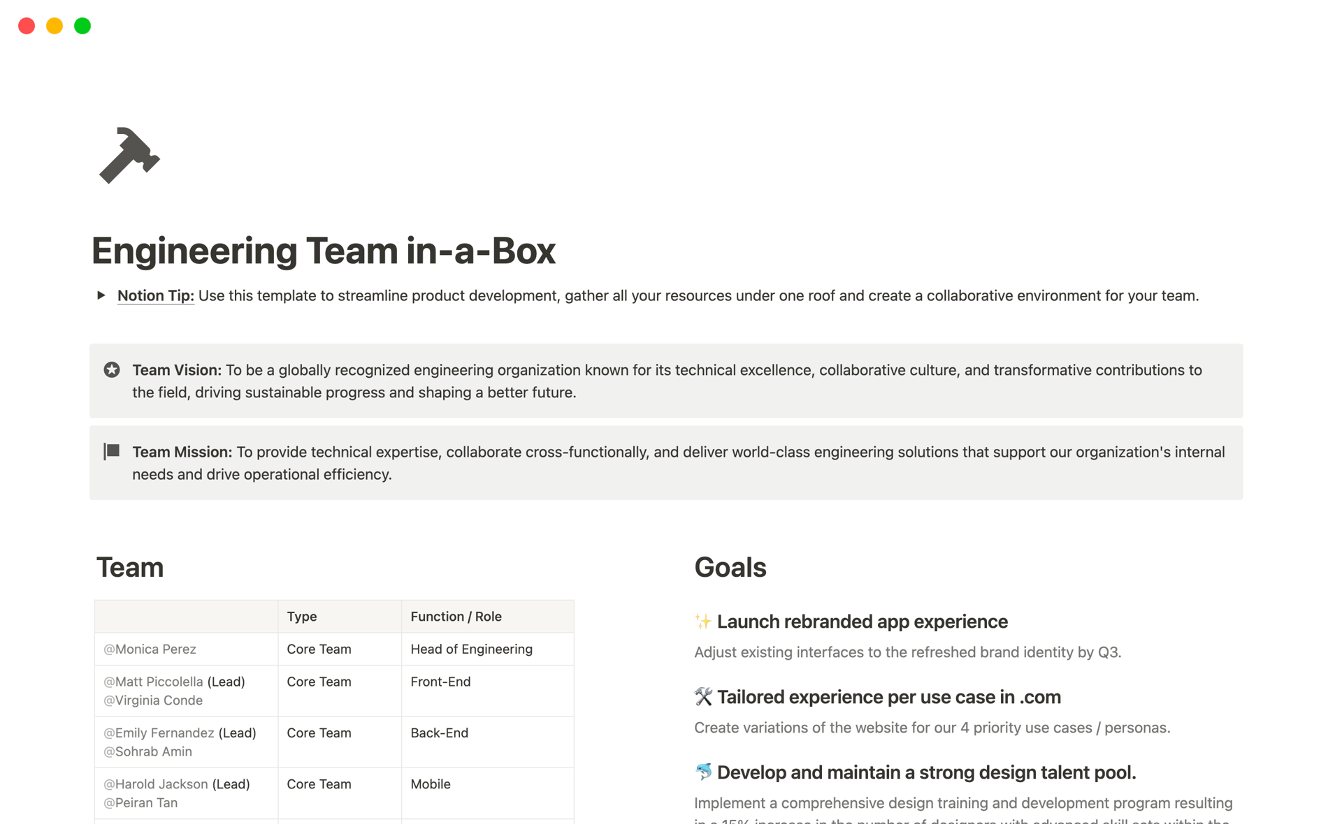 A template preview for Engineering Team in-a-Box 
