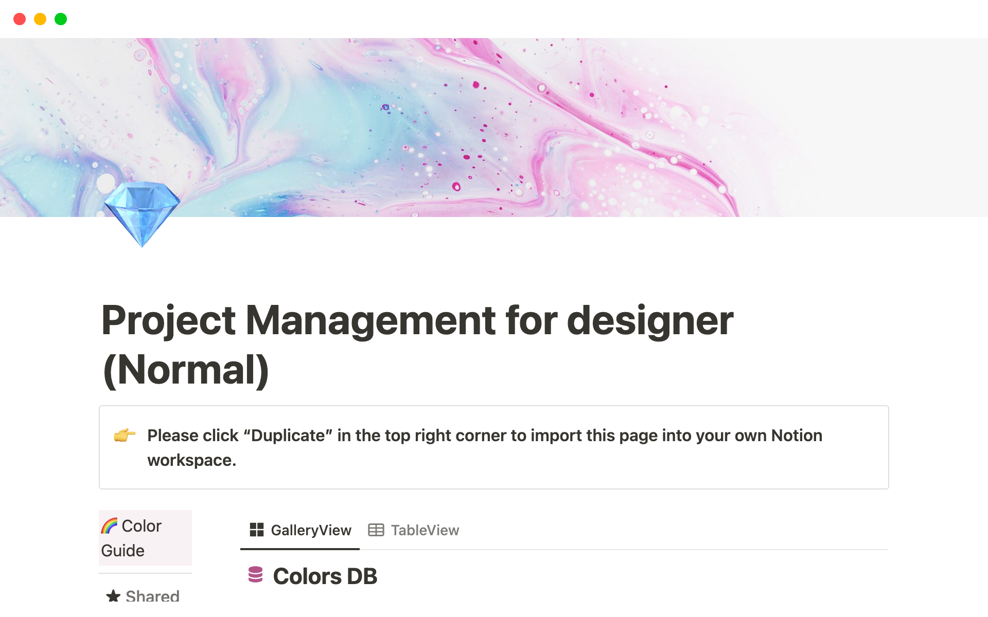 A template preview for Project Management for designer (Normal)
