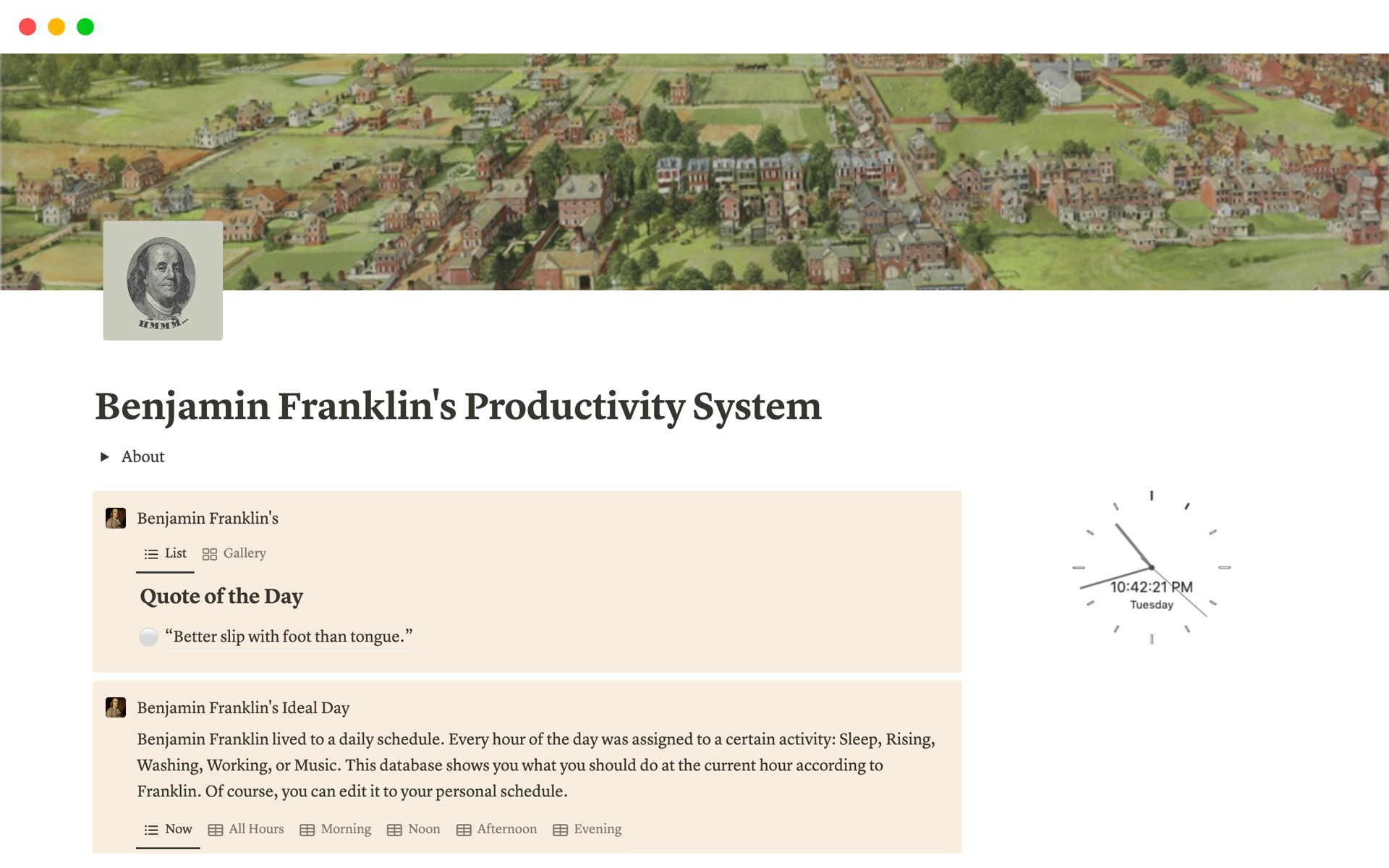 This template transforms Benjamin Franklin's legendary productivity system into an beginner-friendly Notion template.