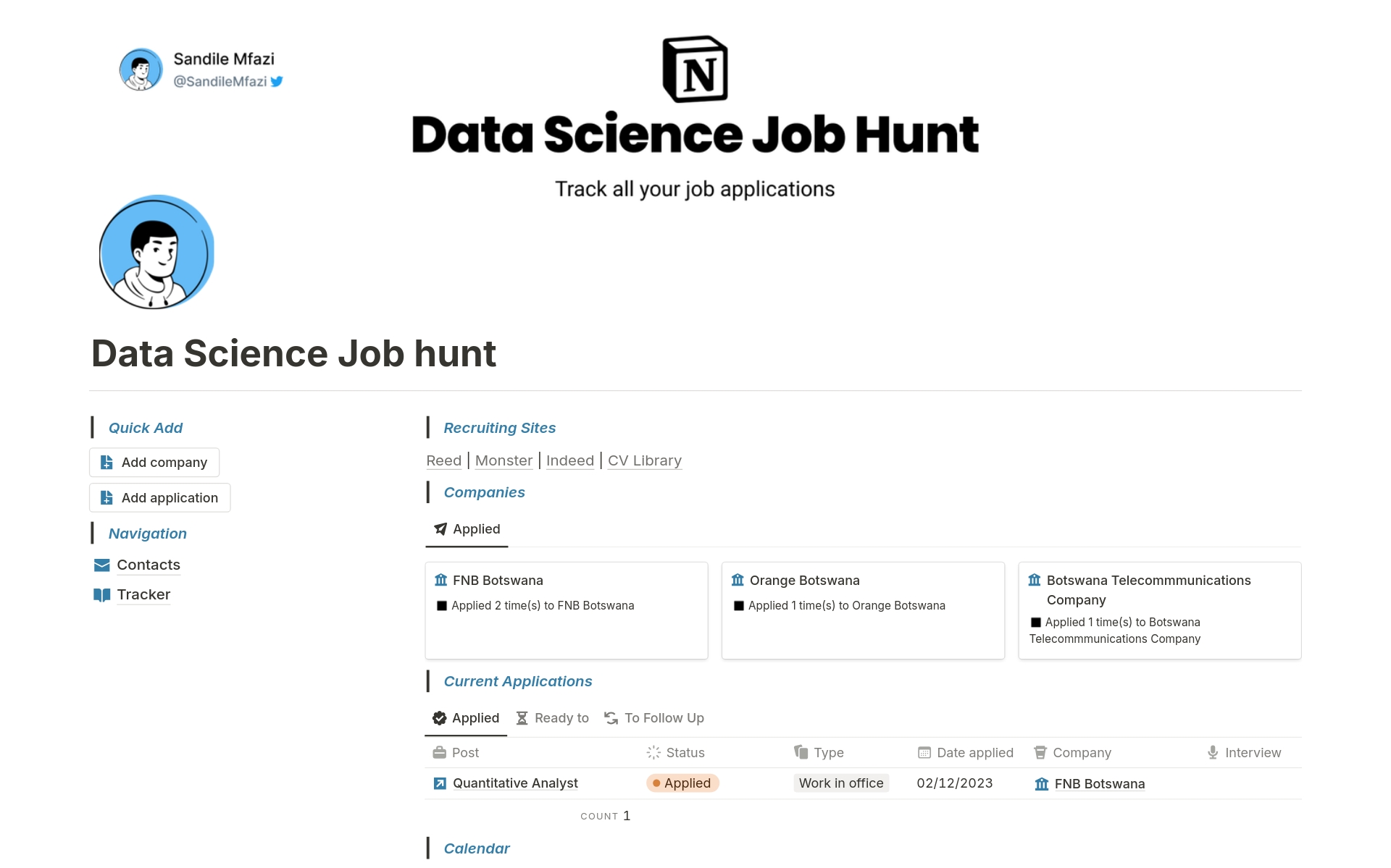 A template preview for Data Science Job hunt