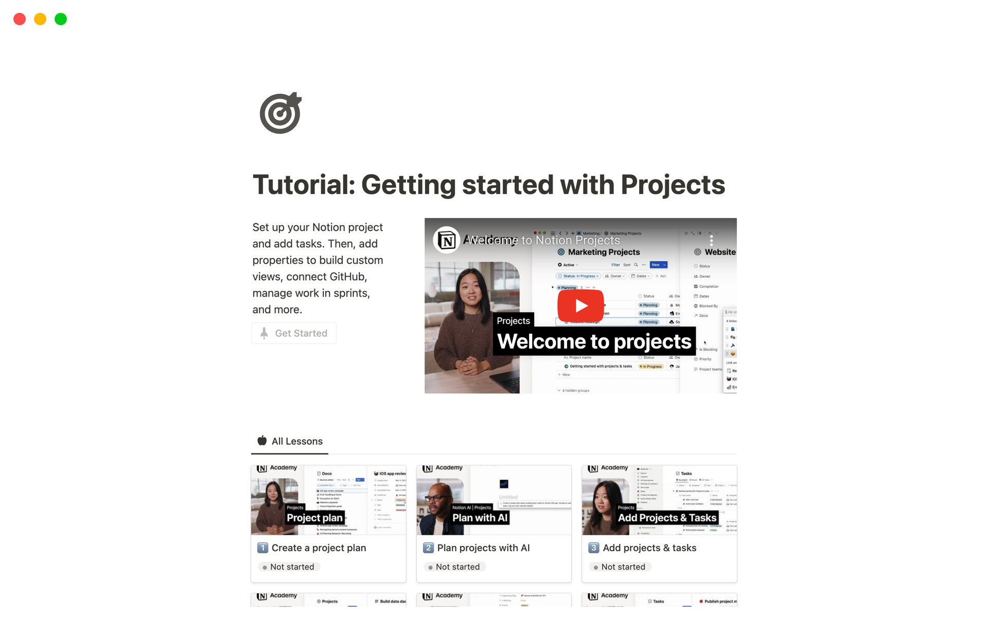 A template preview for Tutorial: Getting started with Projects