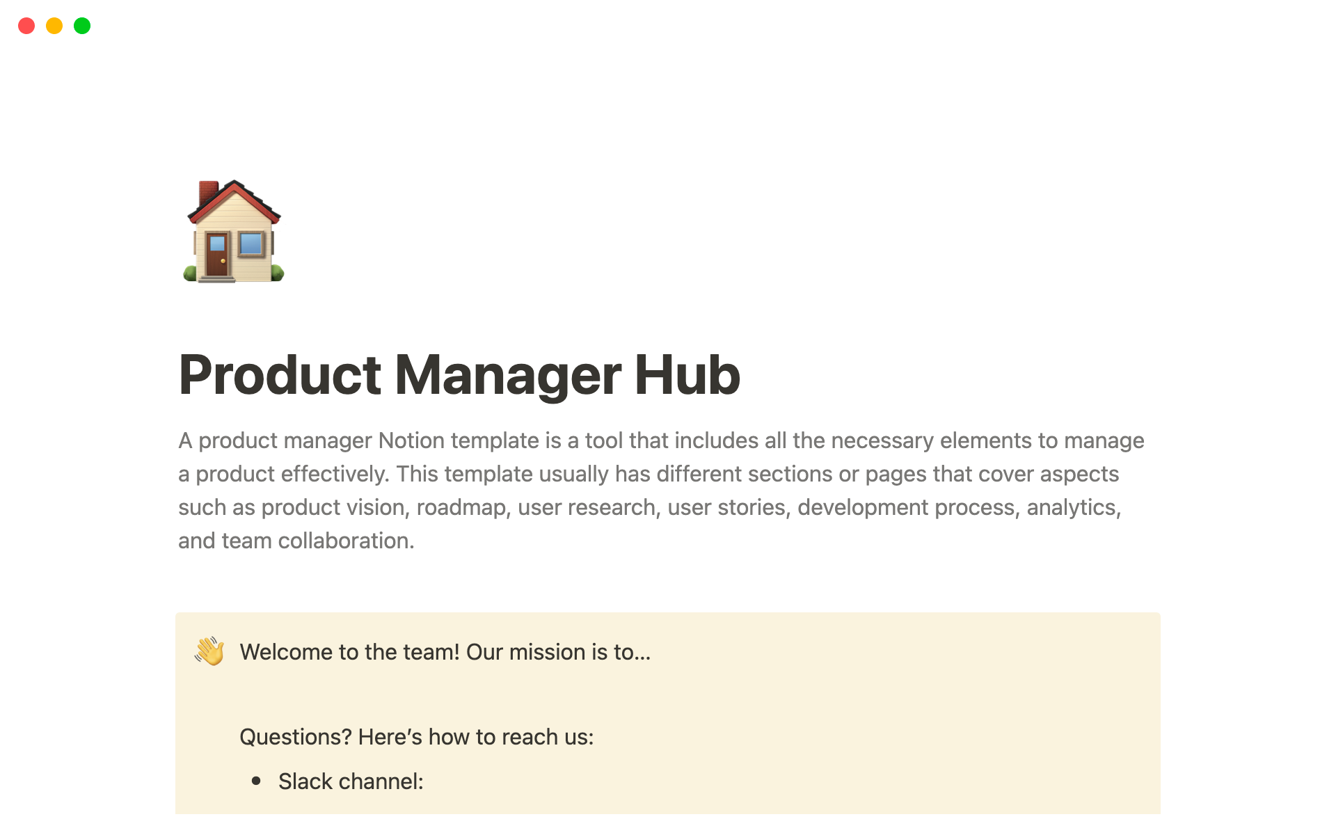 A template preview for Product Manager Hub