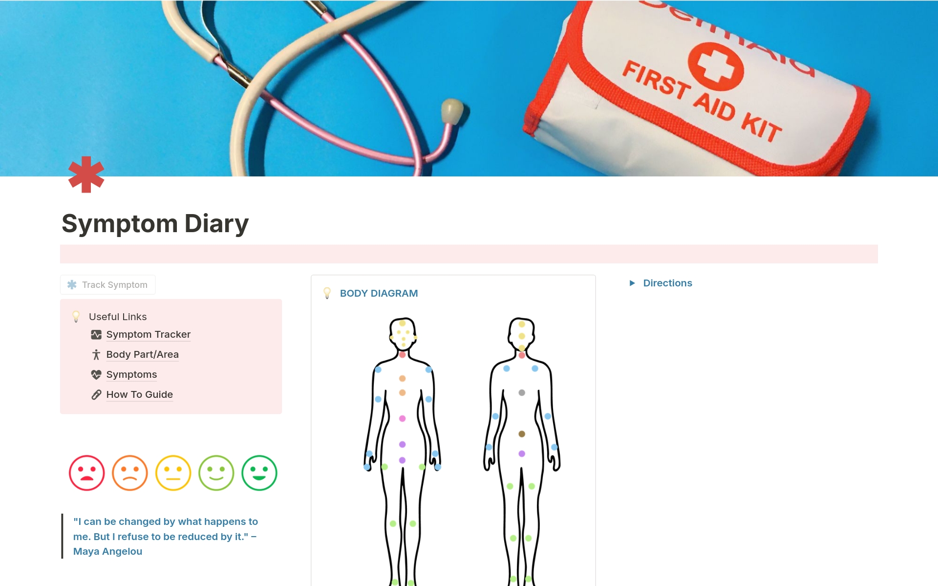 Symptom Diary, the Notion template is an organized and user-friendly tool for tracking health symptoms, featuring options for detailing over 50 symptoms, severity scales, note sections, and an intuitive interface for easy data analysis and sharing with healthcare professionals.