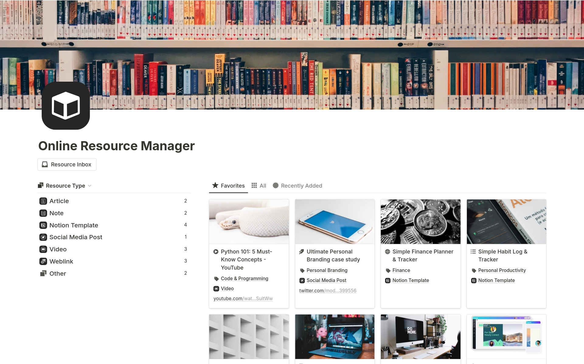 Notion Online Resource Manager is a Notion-based resource organizer designed to capture and organize all links, articles, videos, saved Notion templates, and other valuable online resources.