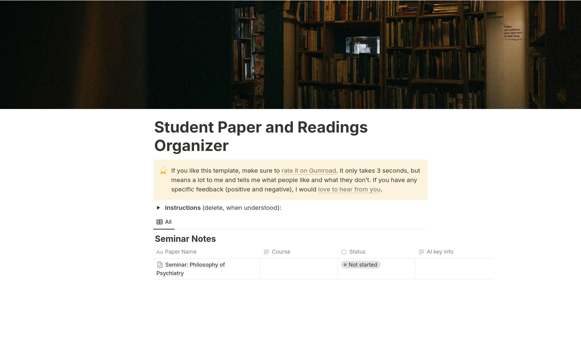 A template preview for Student Paper and Readings Organizer