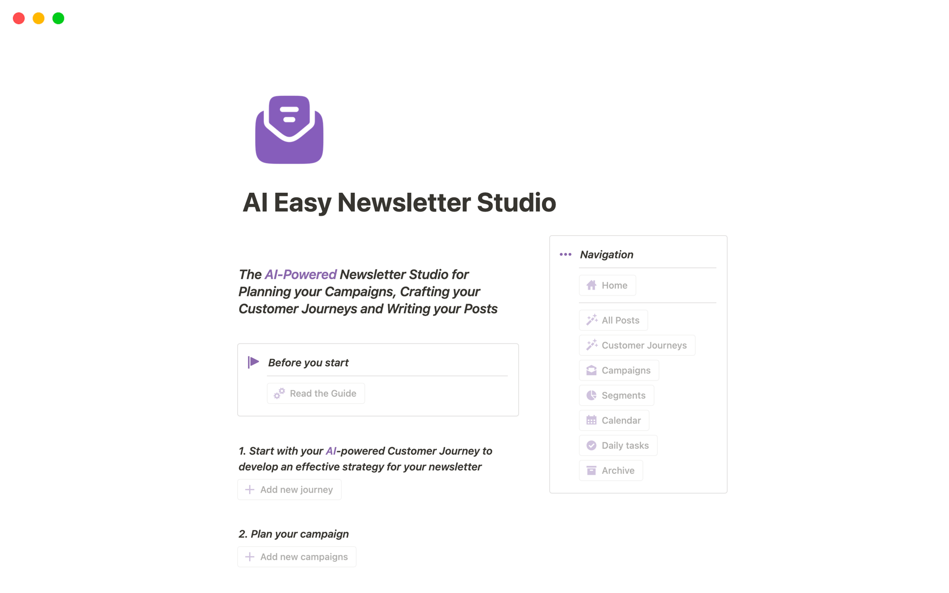 Your personal AI-assistant, helping you stay on track with your Newsletter, save time, and transform your audience into loyal customers. Start today and watch how you achieve newsletter success.