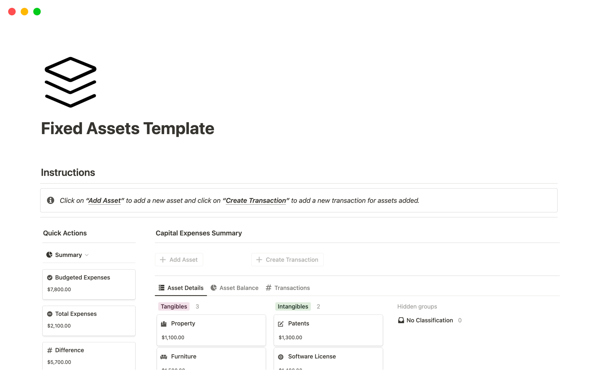 A template preview for Fixed Assets