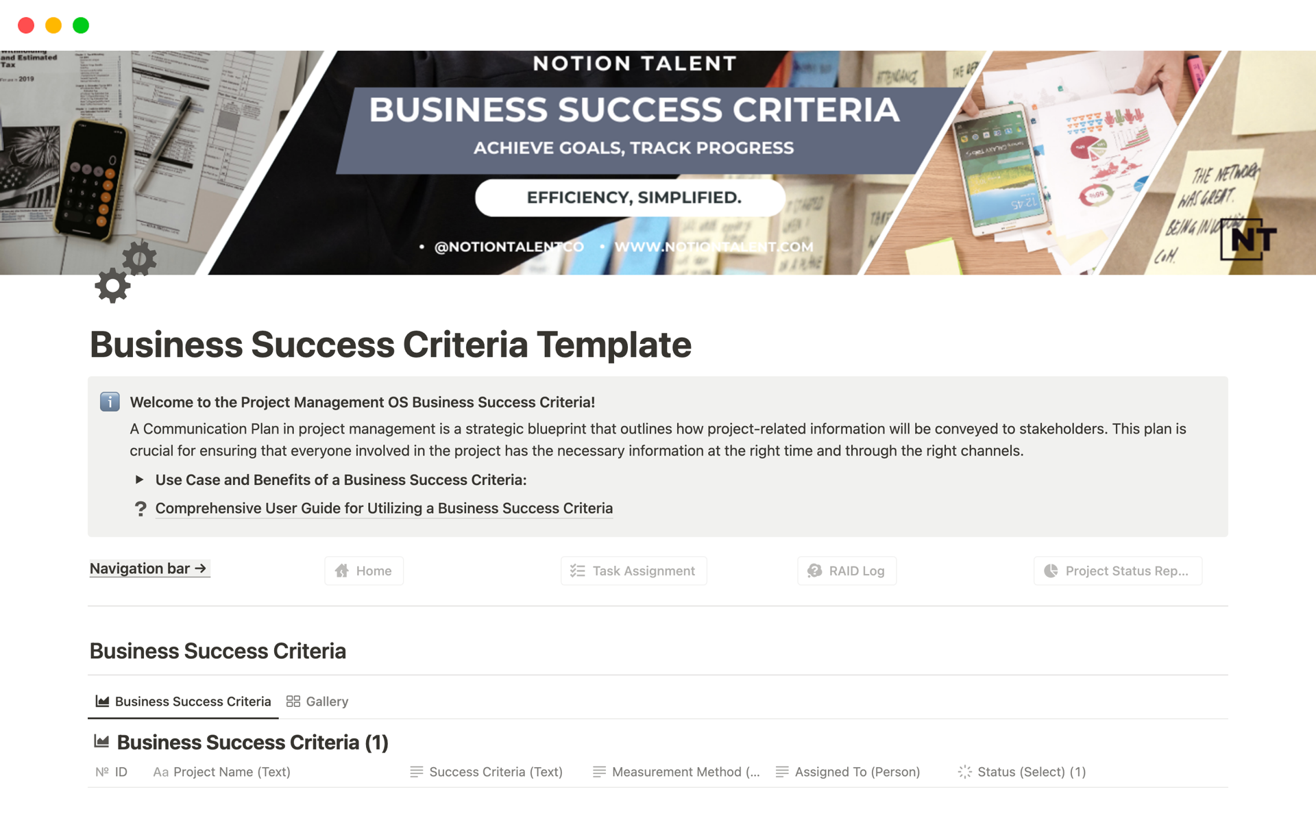 Unlock the potential of your projects with the Notion Business Success Criteria Template, designed to define and track key success metrics. This template is an essential tool for ensuring your projects align with business goals and achieve desired outcomes.