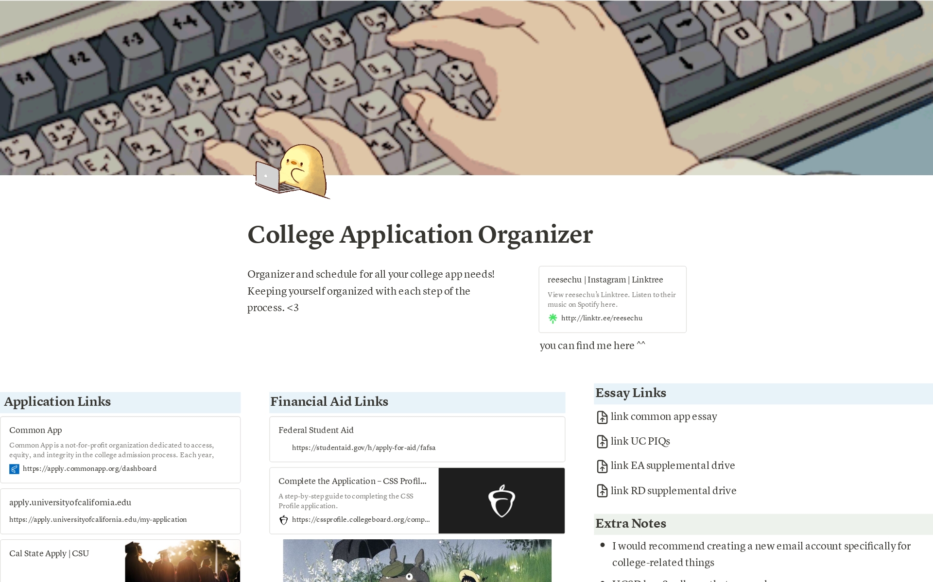 The college application template/planner I used and made for the 2023-2024 application season! linktr.ee/reesechu