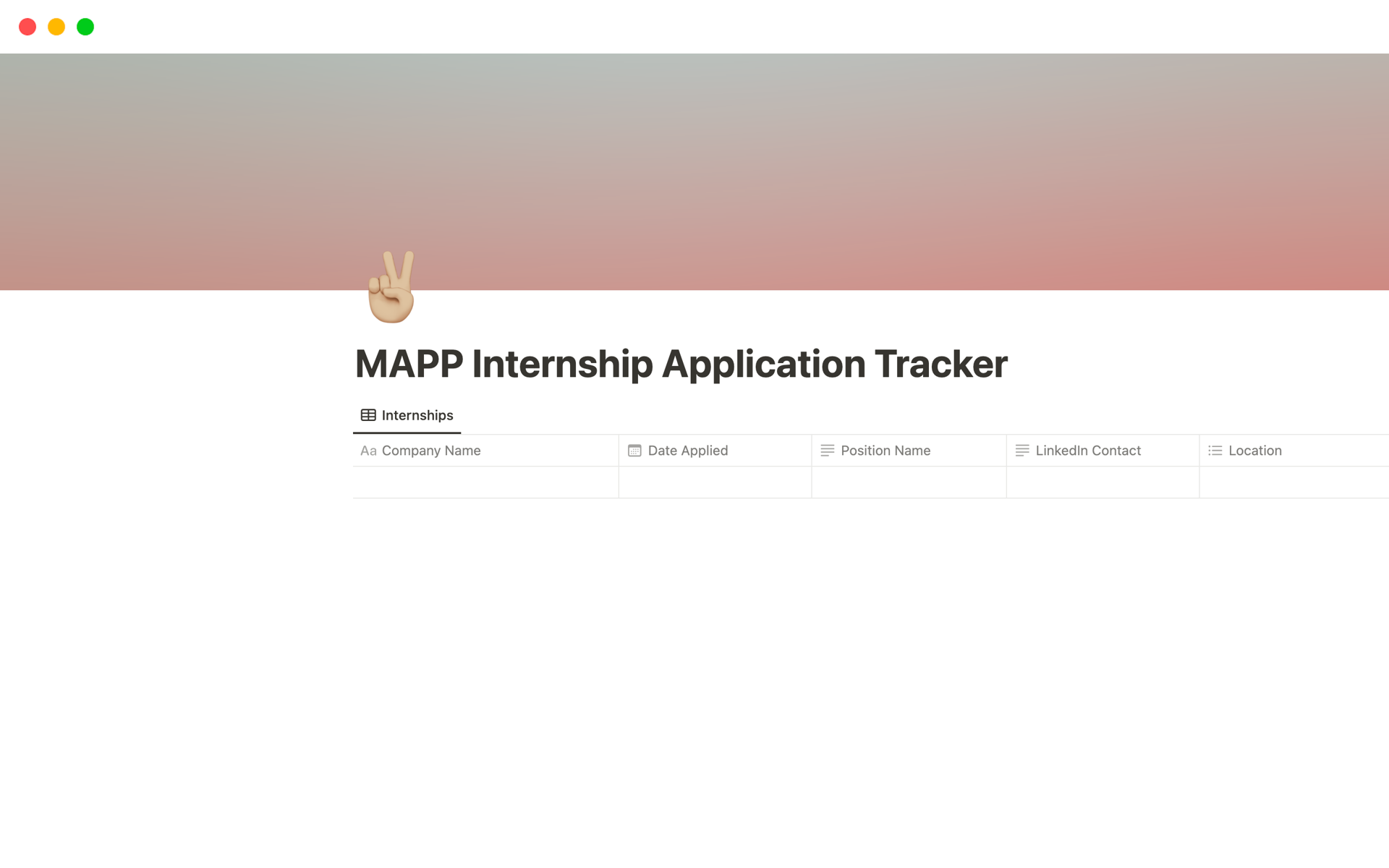 Uma prévia do modelo para MAPP Internship Application Tracker