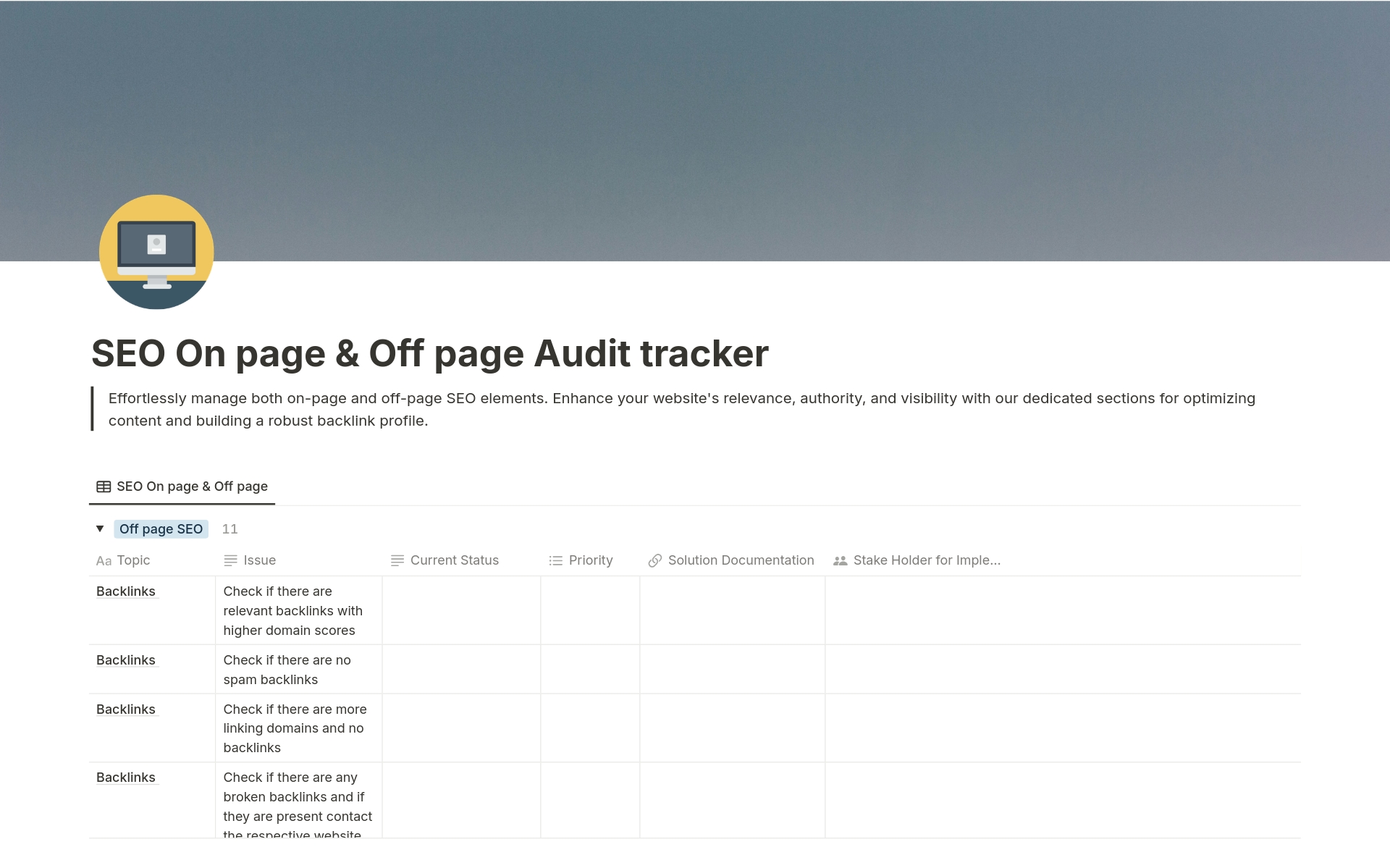 Vista previa de una plantilla para SEO On page & Off page Audit tracker 