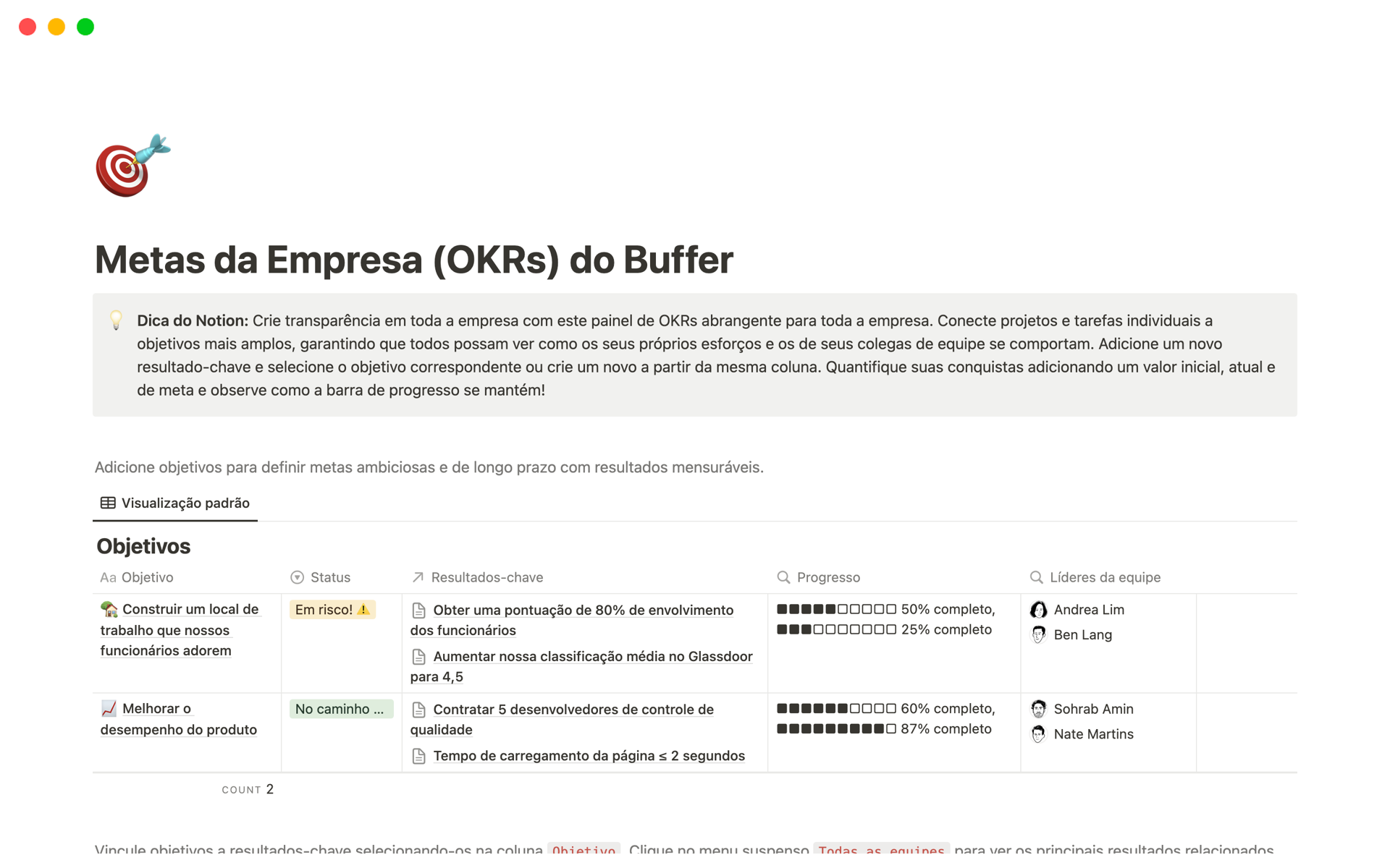 Uma prévia do modelo para Metas da Empresa (OKRs) do Buffer