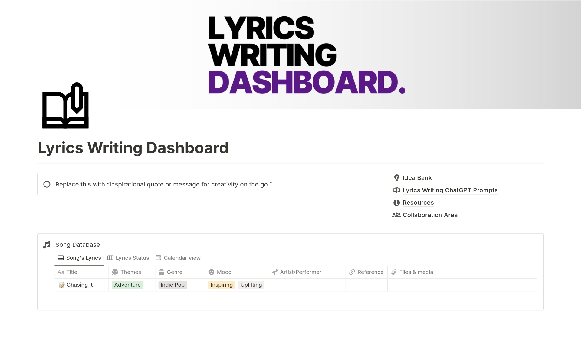 Vista previa de plantilla para Lyrics Writing Dashboard