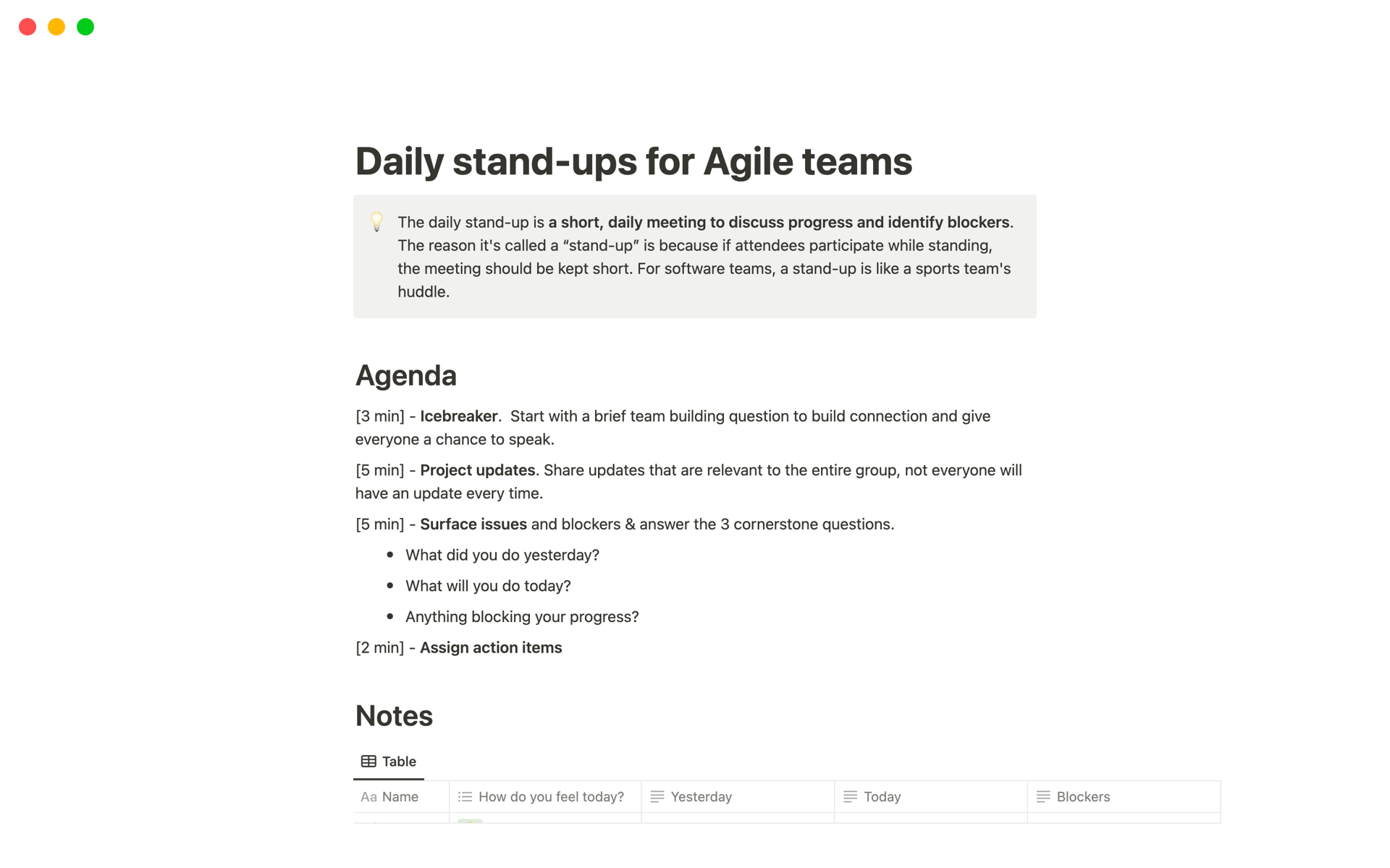 A template preview for Daily for Agile teams