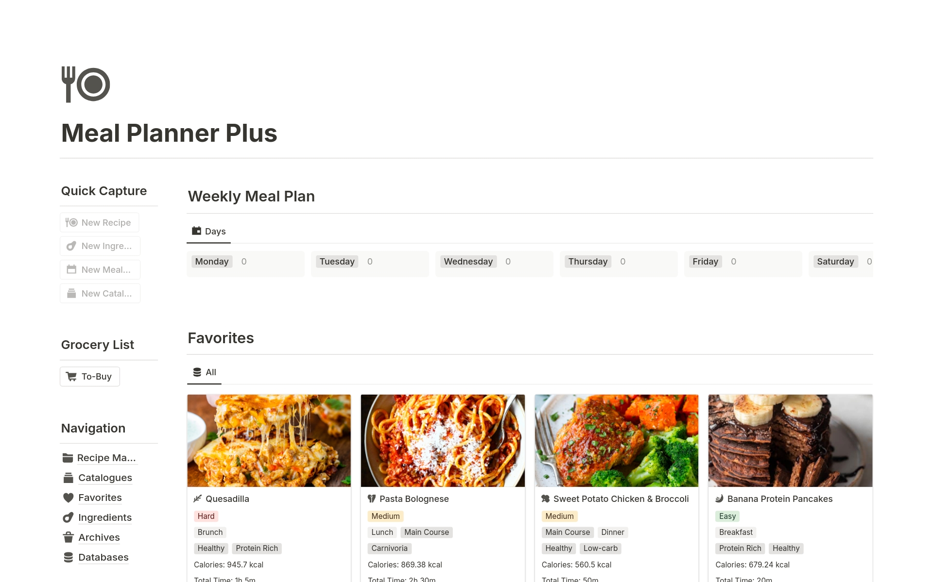 A template preview for Meal Planner Plus