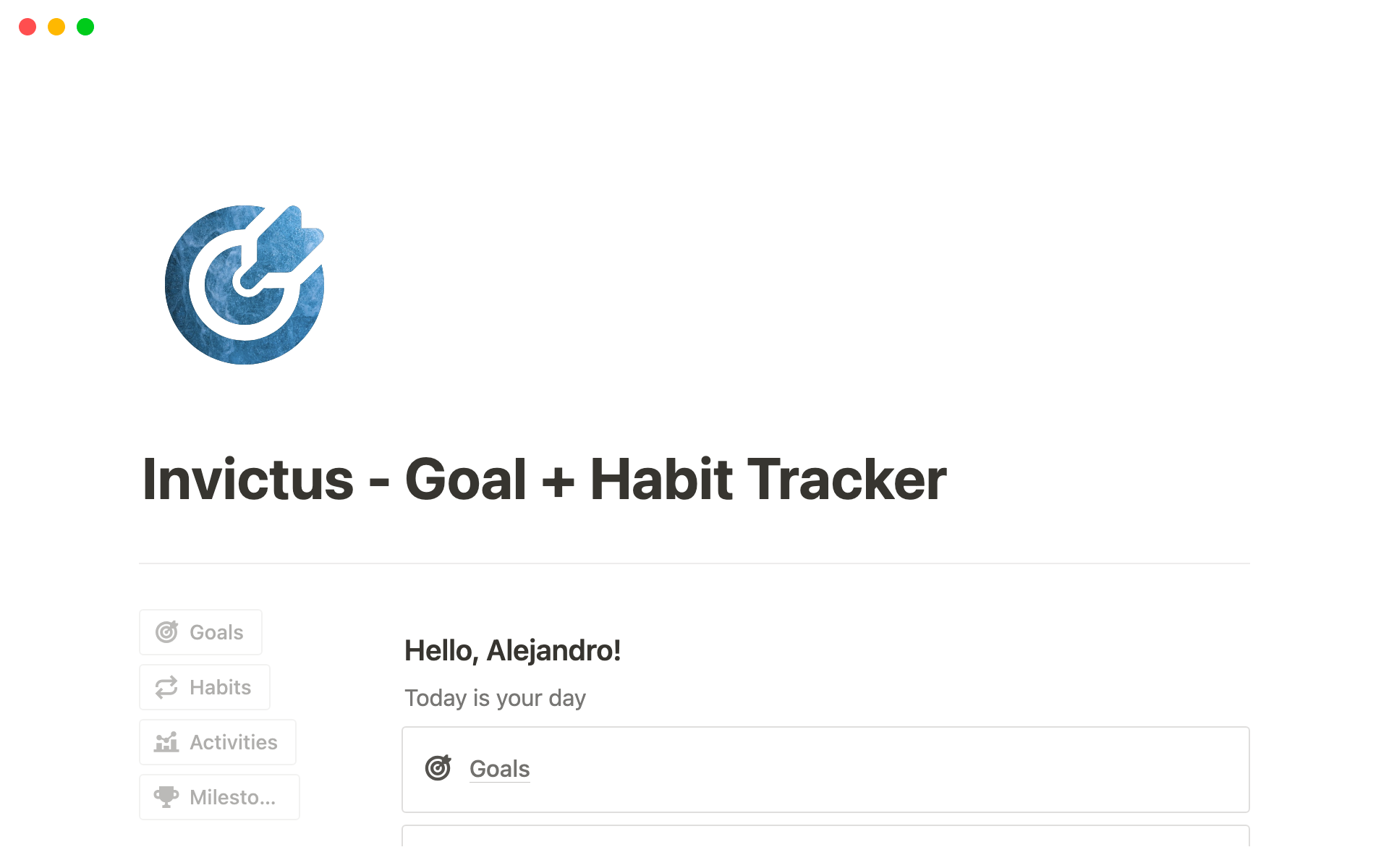 A template preview for Invictus - Goal + Habit Tracker