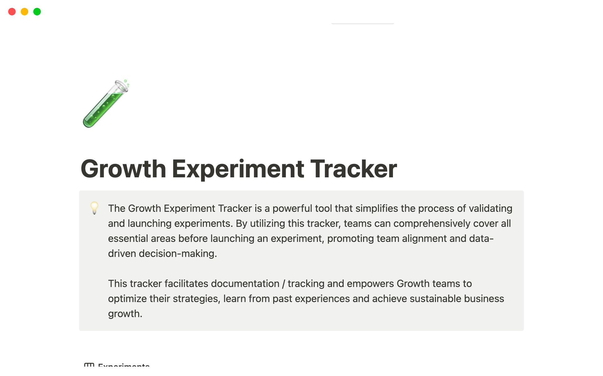 A template preview for Growth Experiment Tracker