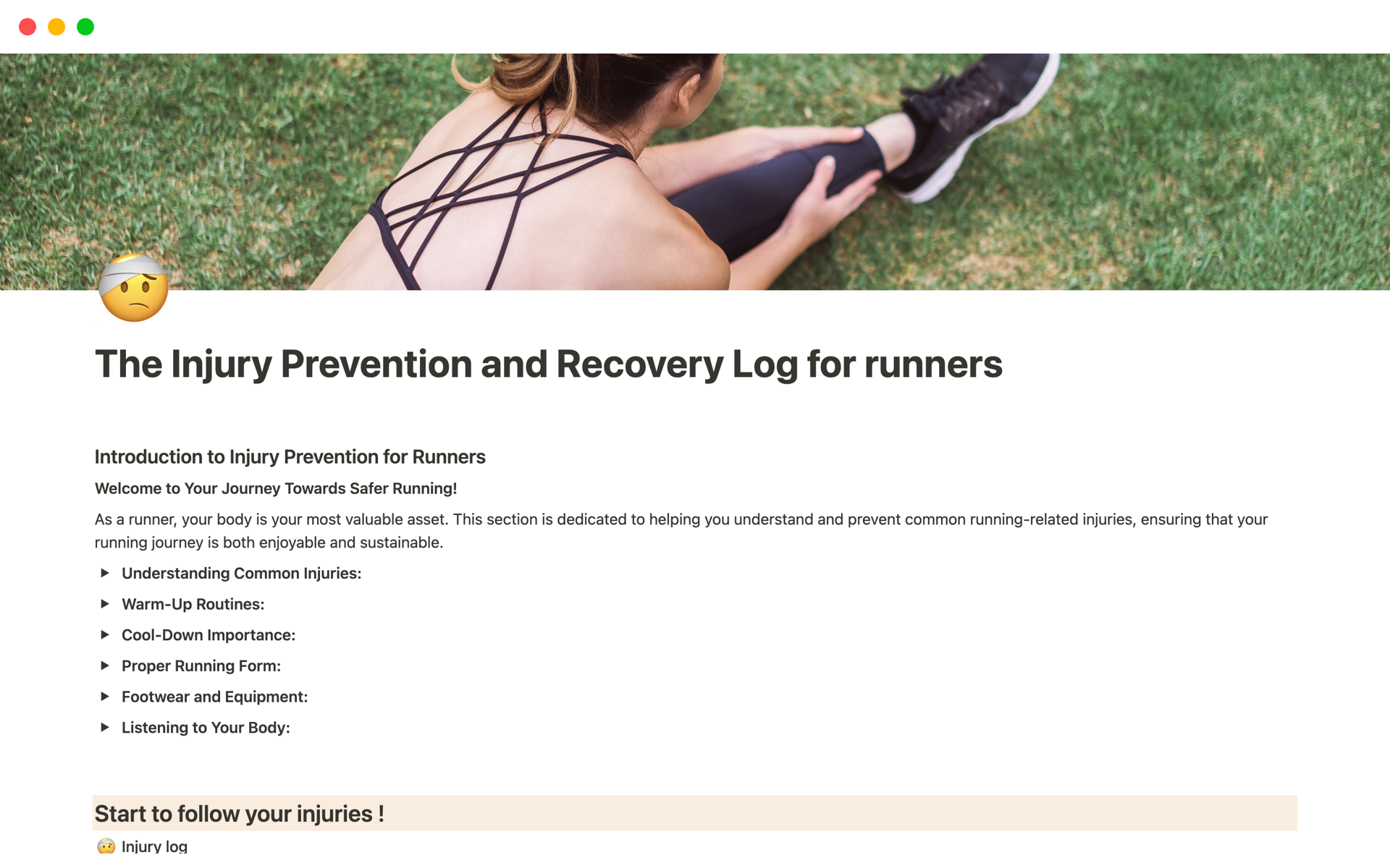 A template preview for The Injury Prevention and Recovery Log for runners