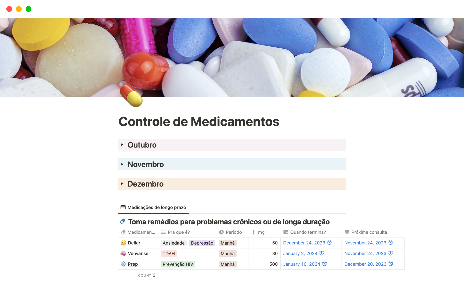 A template preview for Controle de Medicamentos