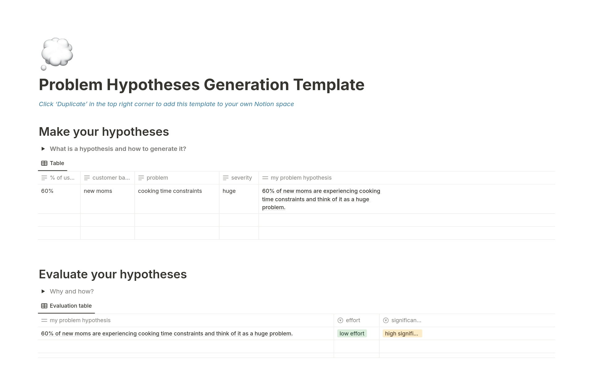 A template preview for Problem Hypotheses  Generation